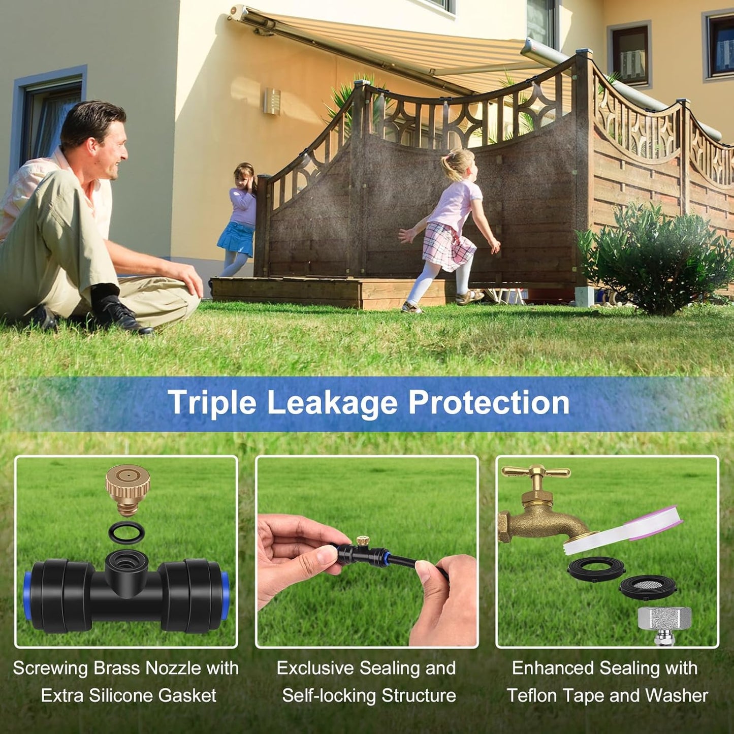 GOXAWEE Misting System, 75FT (23M) Misting Line + 28 Brass Mist Nozzles + Brass Adapter(3/4"), Misters for Outside Patio Cooling Outdoor Garden Greenhouse Trampoline for Waterpark