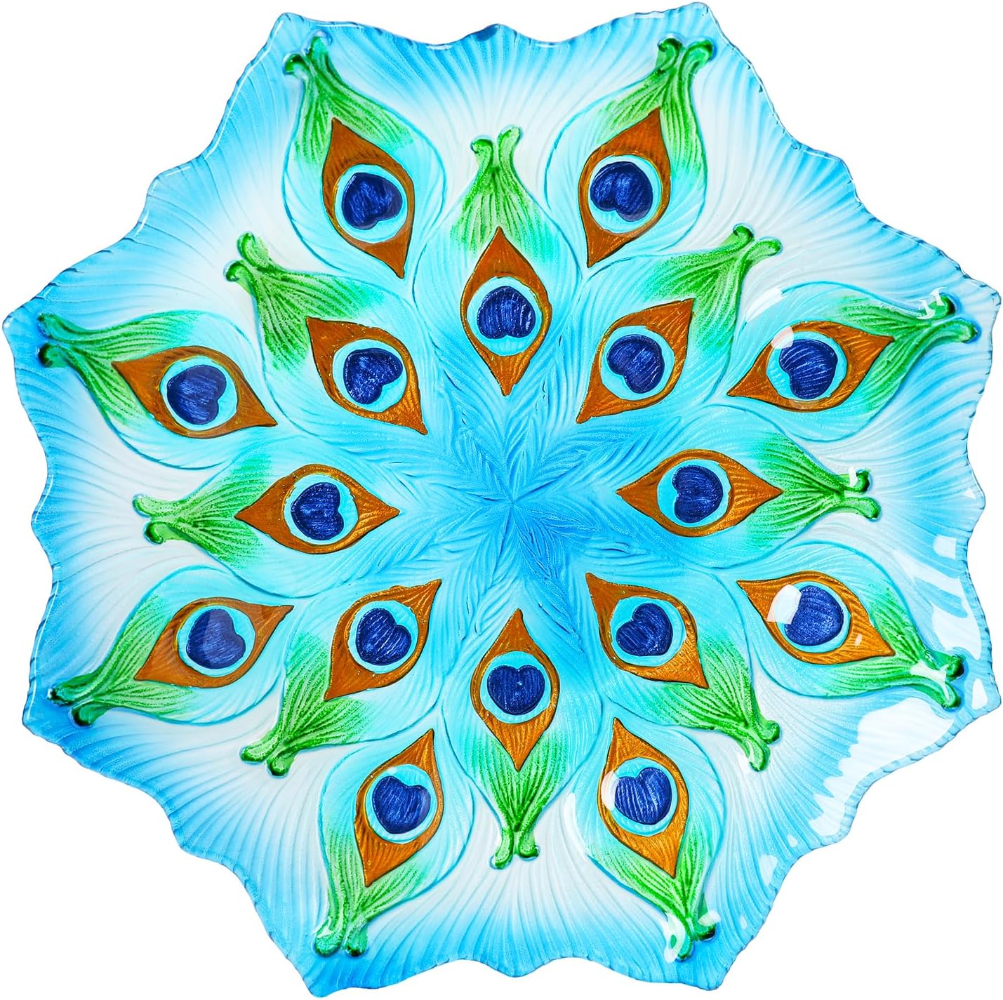 MUMTOP Outdoor Glass Birdbath with Metal Stand for Outside Yard Garden Decor, 18 inch Diameter Peacock Bird Baths Bowl for Outdoors, 21.65 inch Height