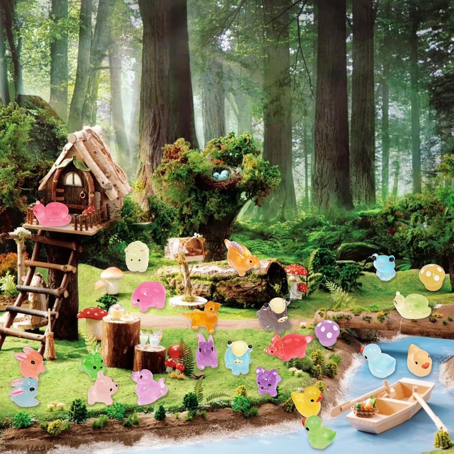 Mini Resin Animals Figures to Hide, 72 PCS Tiny Animal Figurines Small Plastic Animals Variety Pack Luminous Glow in The Dark, Little Ducks Miniature Dinosaurs for Fairy Garden Aquarium Decor