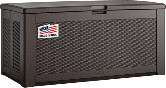 Rubbermaid Extra Large Resin Outdoor Storage Deck Box (134 Gal), Weather Resistant, Brown, Deck Organization for Home/Backyard/Pool Chemicals/Toys/Garden Tools/Porch/Patio Cushions