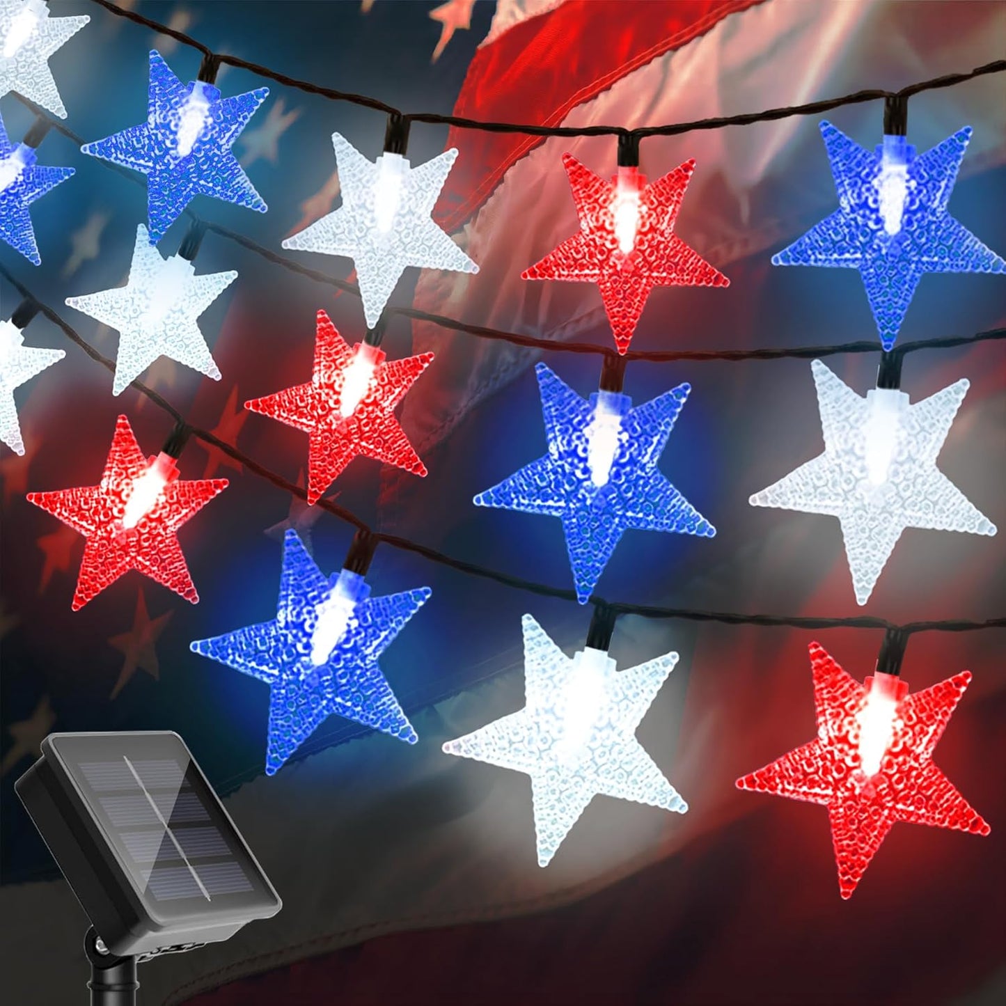 4th of July Twinkle Solar Star String Lights Decorations Outdoor Waterproof Fairy Lights 39FT Red White and Blue 100 LED with 8 Lighting Modes for Independence Day President Day Memorial Day