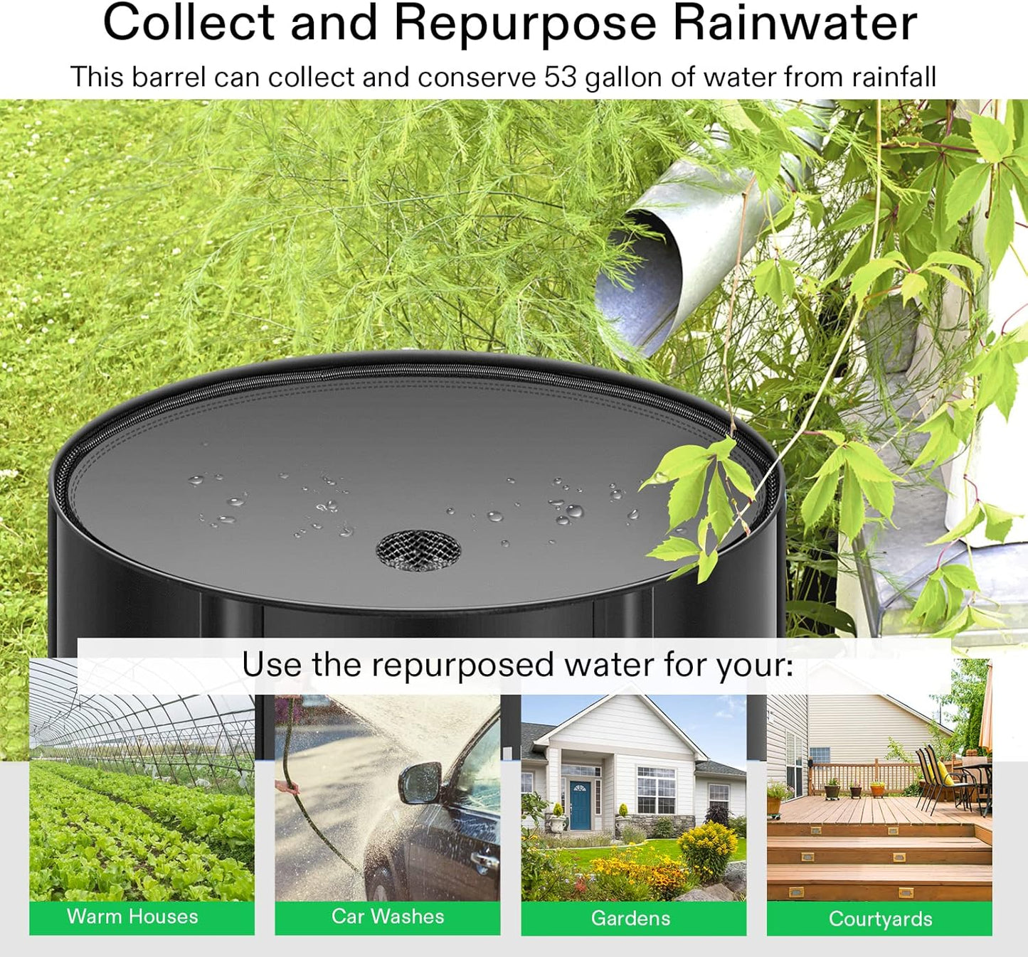 VIVOSUN Collapsible Rain Barrel, 53 Gallon Water Storage Tank with 1000D Oxford Cloth, Portable Rain Collection System Includes Two Spigots and Overflow Kit, Black