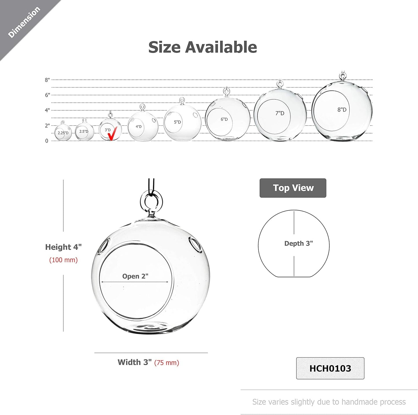 WGV Hanging Terrarium Globe, Width 3", Height 4", DIY Air Succulent Planter, Clear Glass Vase Orb with Flat Bottom, Candle Holder for Windowsill Outdoor Garden Decor, 1 Piece