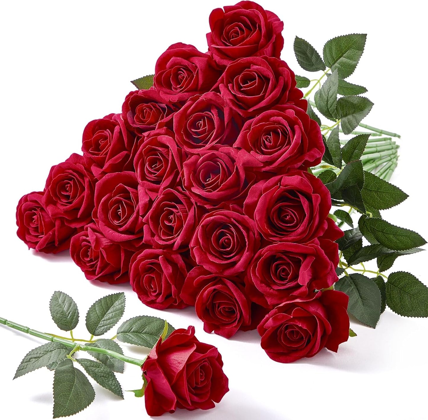 Serwalin 20pcs Red Roses Artificial Flowers, 4'' Big Velvet Flower Head Fake Roses, Realistic Silk Roses Bouquet Long Stems for Wedding Home Decor and Table Centerpiece
