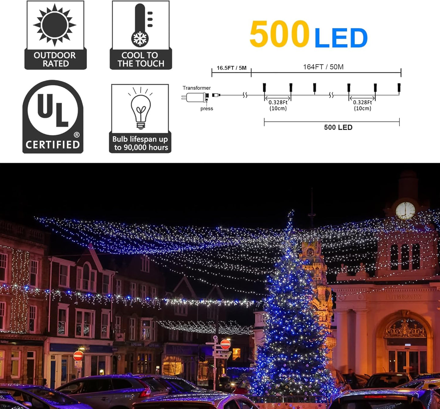 164ft 500 LED Blue White Christmas Lights Outdoor,8 Modes String Light Indoor Bedroom,Clear Wire Twinkle Lights Plug in for Christmas Outside Tree Yard Wedding Decorations(164FT,Blue&White)