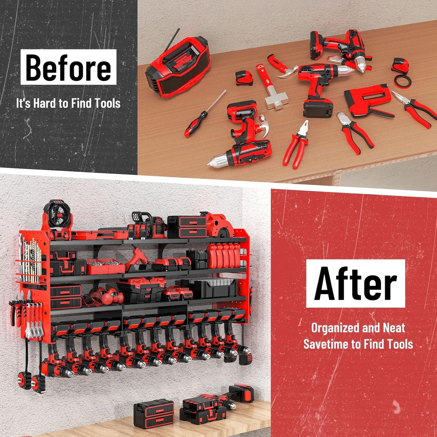 Large Power Tool Organizer Wall Mount-12 Drill Holder, Metal Heavy Duty Garage Tool Storage Shelves with Screwdriver Plier Holder, Gifts Idea for Men Dad Husband