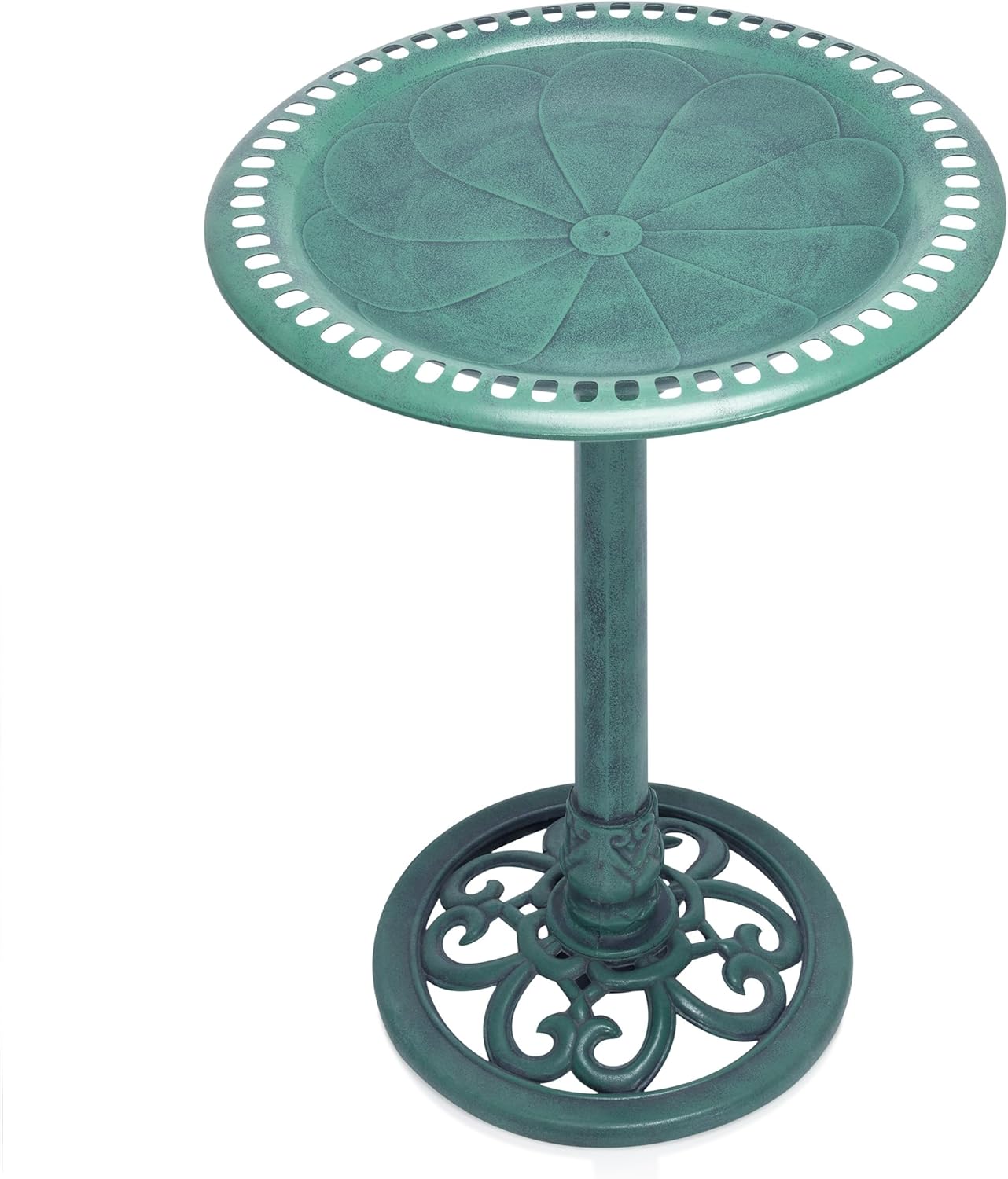 Alpine Corporation TEC116 Outdoor Aged Green Pedestal Birdbath with Scrollwork, 28" Tall, Green