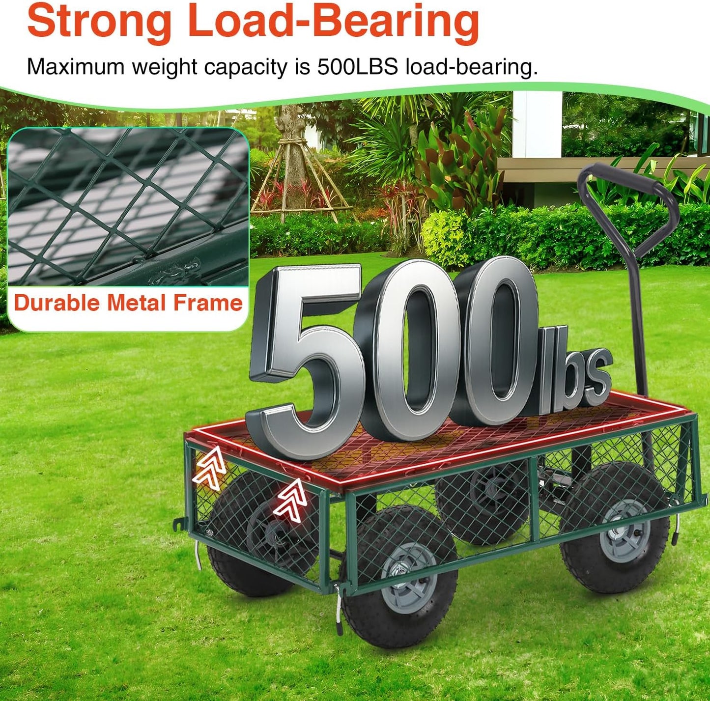 FDW Garden Cart Streel Heavy Duty 500 LBS Capacity，Utility Cart Wagon with Removable Sides and 180°Rotating Handle for Yard, Lawn and Garden Hauler (Dark Green)