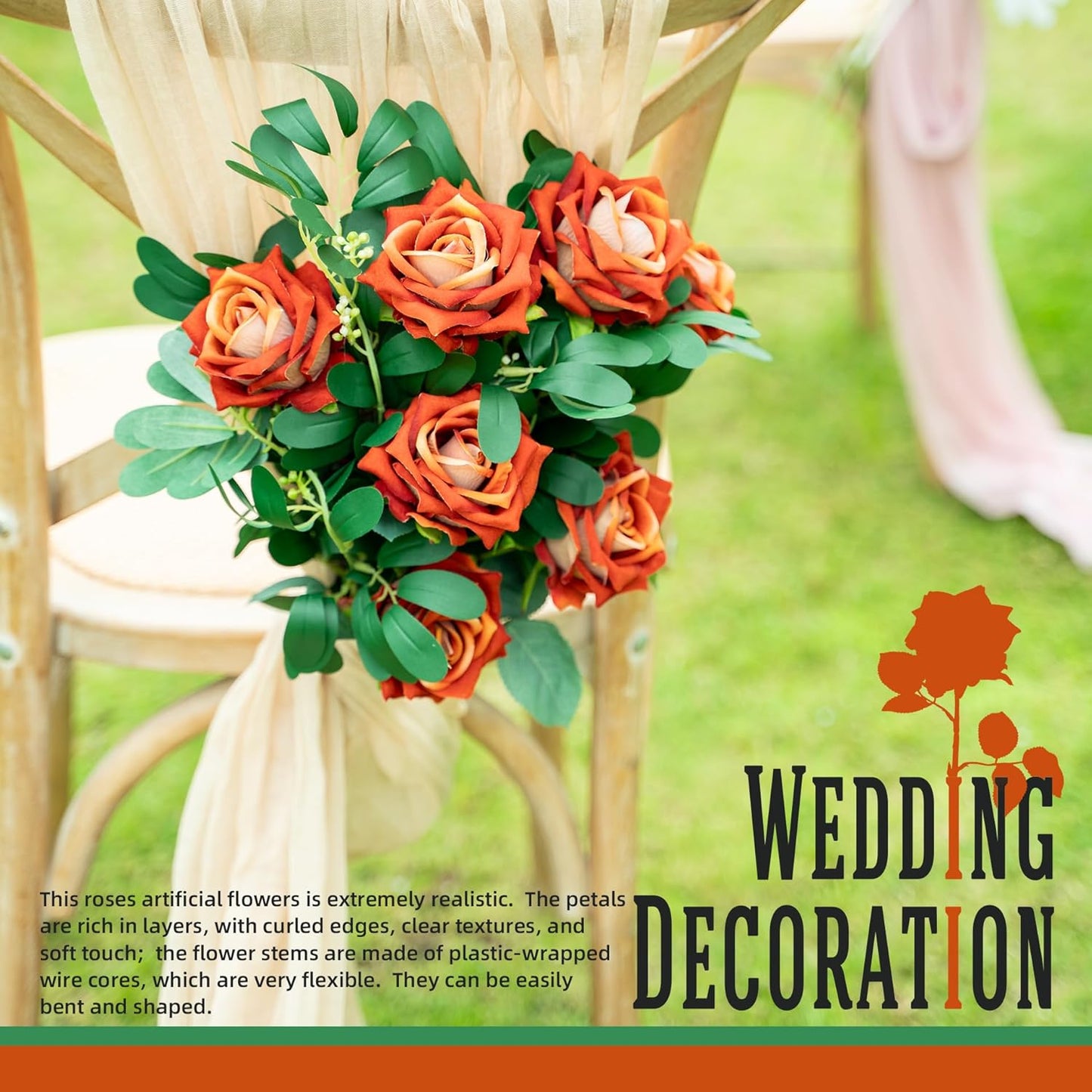 Fake Roses Faux Flowers Silk Roses Artificial Roses with Stems Realistic Artificial Flowers 16.5In Suitable for Indoor Home Decoration DIY Bouquet Wedding Decor Party Decor (Orange) 12PCS