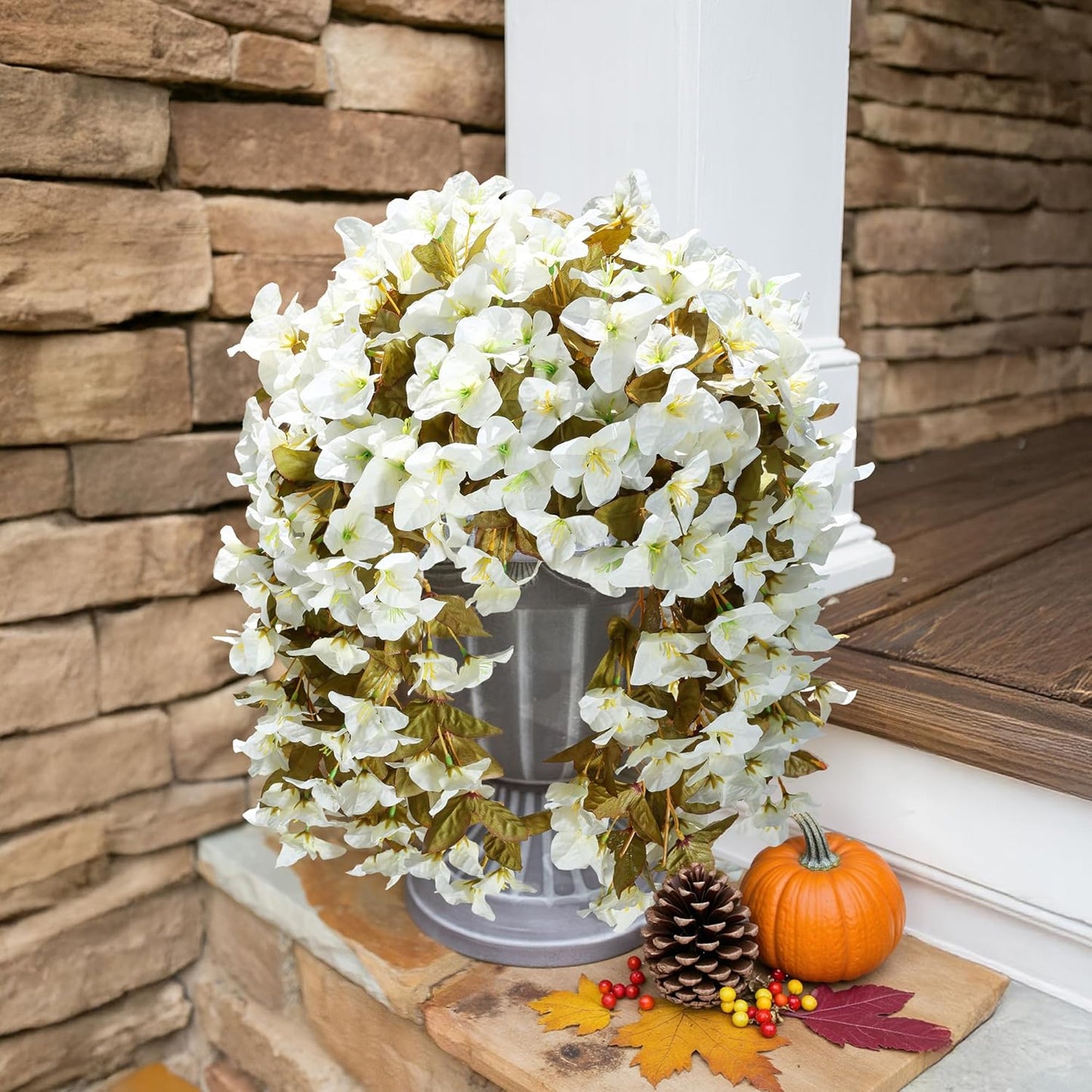 Bougainvillea Artificial Fall Hanging Flowers Plants for Outdoors Autumn Decoration, 2pcs Faux Bougainvillea Vines White Fake Flowers Realistic UV Resistant Silk Flowers for Outside Planter Yard Home