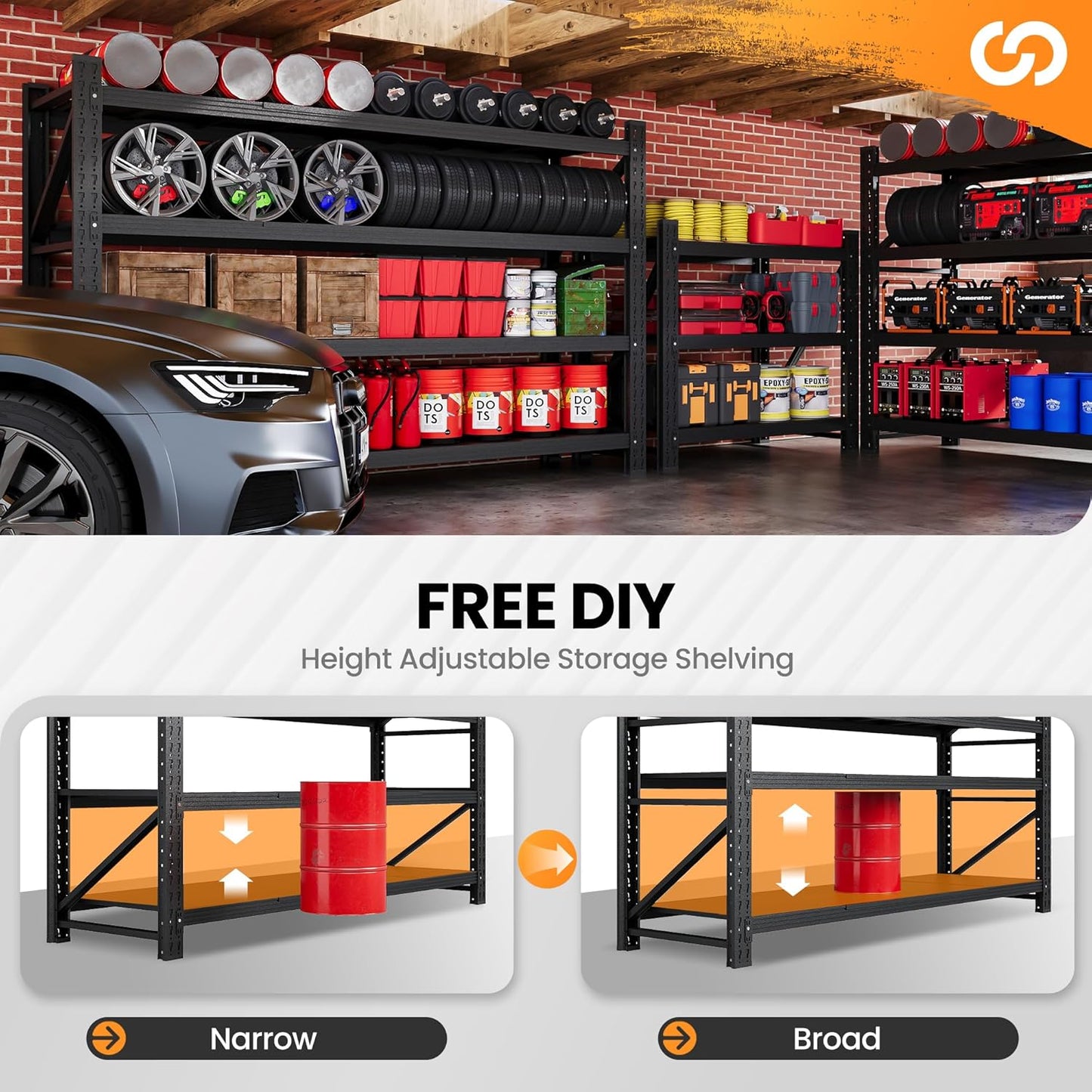 60” W Heavy Duty Garage Shelving, 5000LBS Metal Storage Shelves, 4 Tier Storage Rack Shelf, Steel Industrial Shelving, Adjustable Standing Shelf for Basement/Warehouse 60" W x 24" D x 70" H, Black