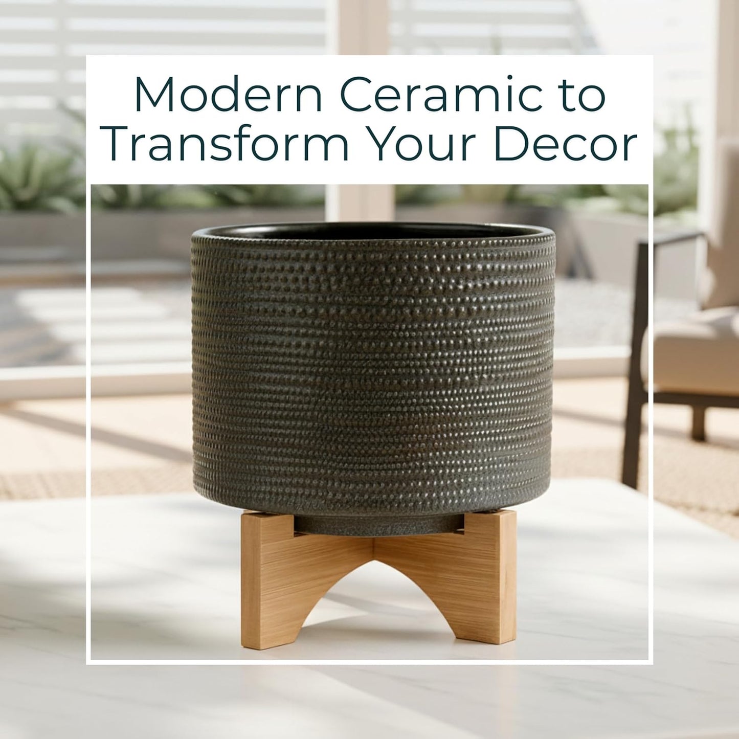 Sagebrook Home Ceramic Planter with Bamboo Stand - Textured Mid-Century Modern Plant Pot for Indoor & Outdoor Home Garden Decor - 10" Green