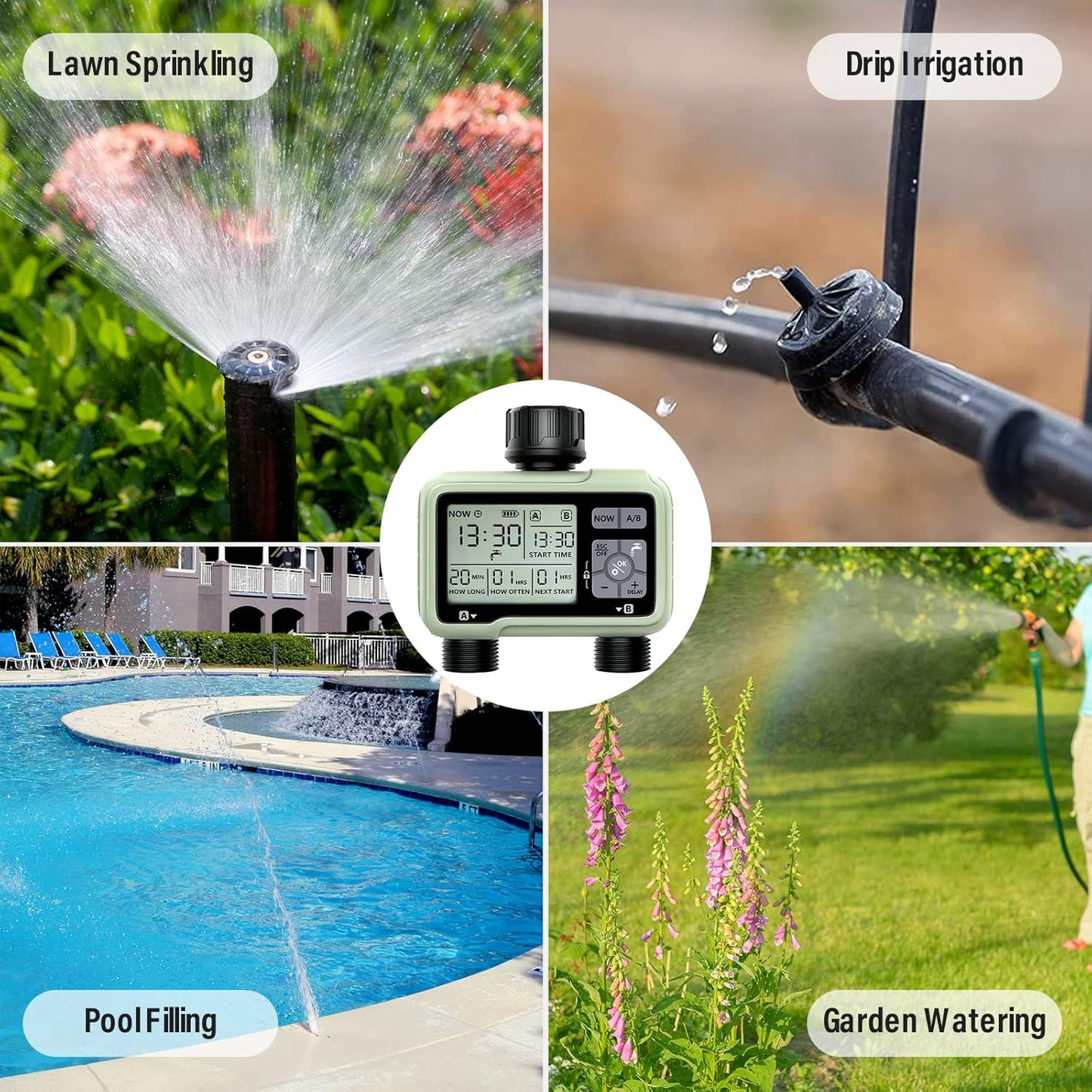 SOYUS Programmable Outdoor Garden Hose Timer with Rain Delay/Manual/Automatic Watering System, Waterproof Digital Irrigation Timer for Lawns, Yard and Pool, 2 Outlet