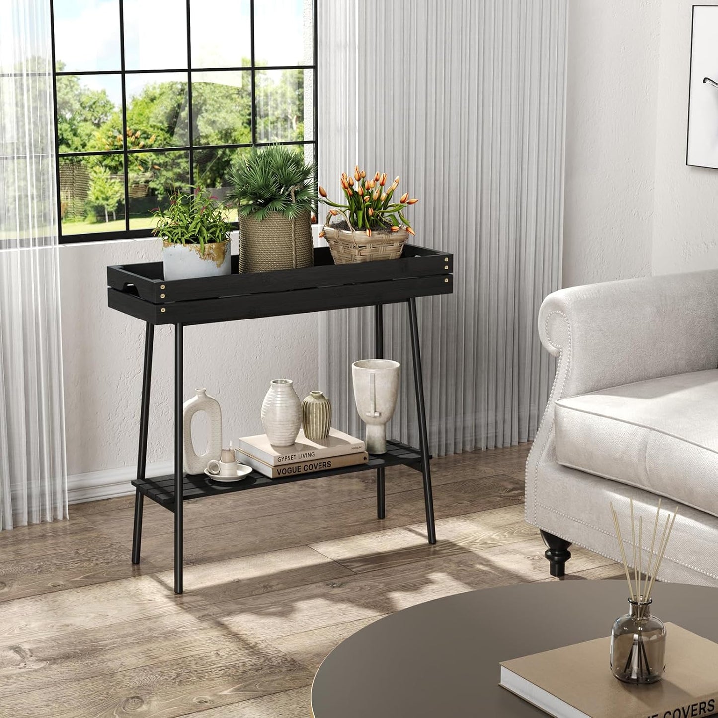 BAMBANG Bamboo Plant Stand Indoor, 2 Tier Small Plant Table, Tall Plant Stand for Indoor Plants, Window Sill Plant Shelf, Flower Pot Holder Plant Bench Plant Rack for Living Room Outdoor, Black