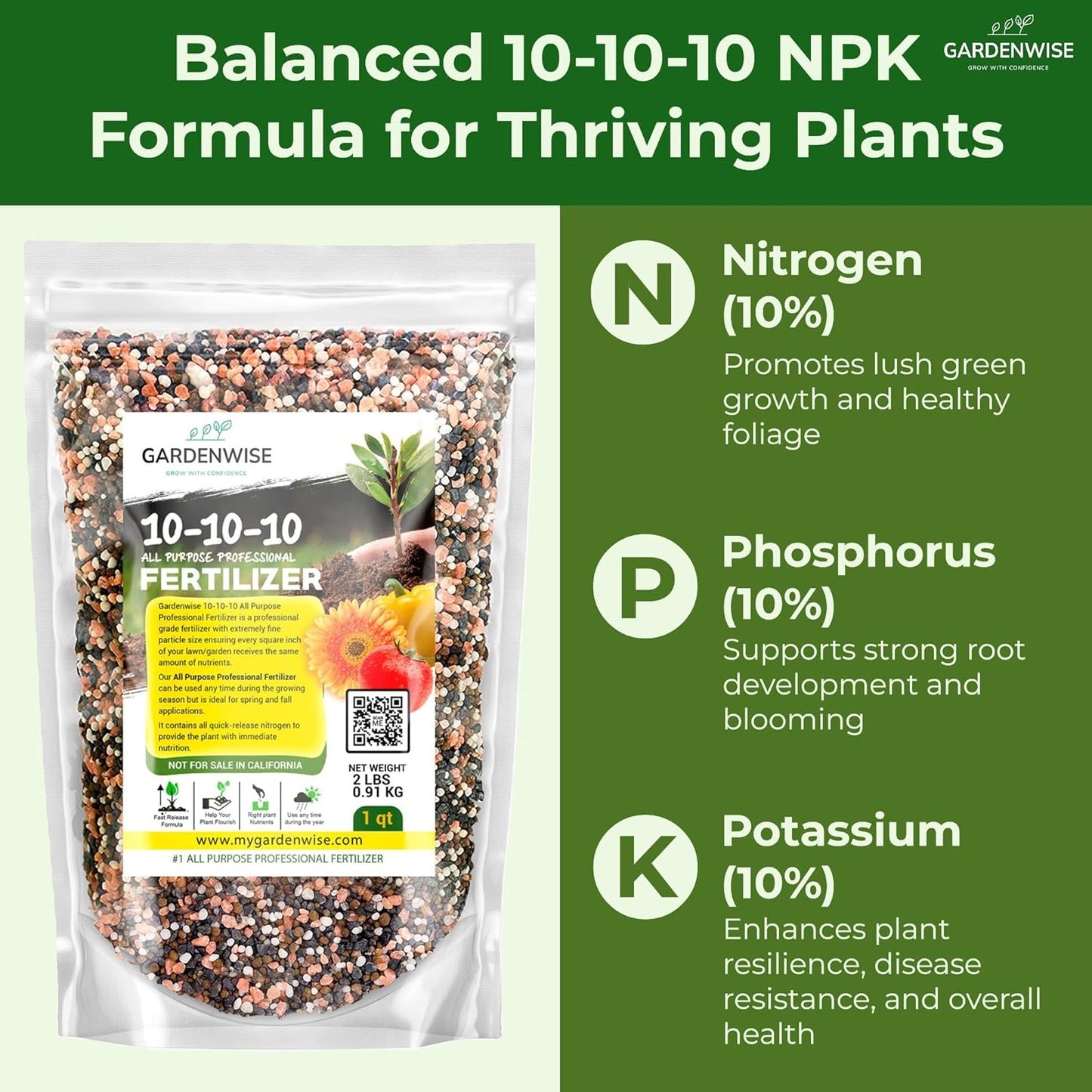 10-10-10 Plant Fertilizer Slow Release - 10 10 10 All Purpose Granular Garden Fertilizer for Vegetables, Tomato, Arborvitae, Shrubs, Rose, Flowers, Fruit, Fig Trees (1/2 Quart)