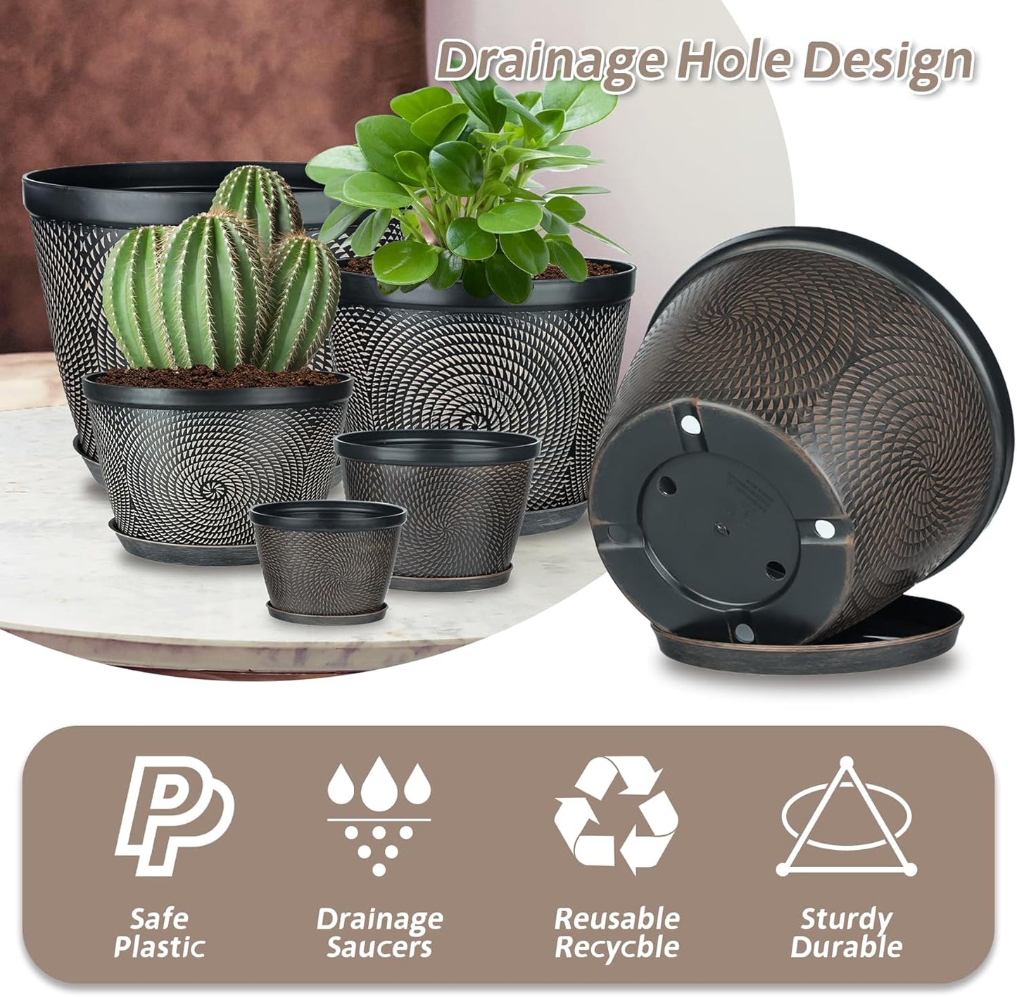 Quarut 4 Pack 6 Inch Flower Pots for Outdoor Indoor, Plastic Plant Pots with Drainage Hole & Saucer, Lightweight Small Flower Pot, Circle Pattern Planters for Garden House planters（Black Copper）