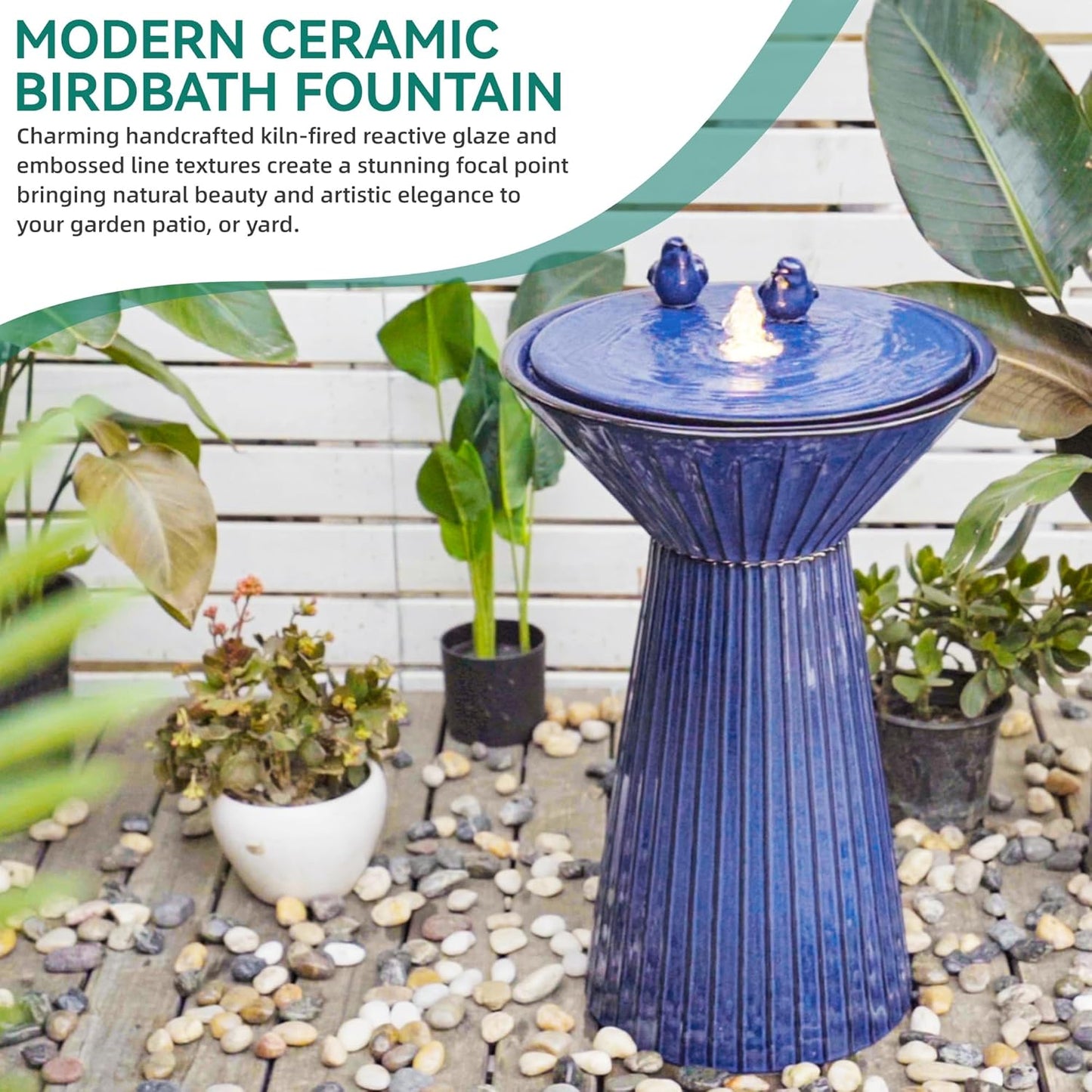 28" H Ceramic Birdbath Outdoor Fountain with LED Lights, Bird Accents & Fluted Texture, Bubbling Water Feature for Garden, Patio, Yard or Porch – Creates a Tranquil Oasis for Relaxation.