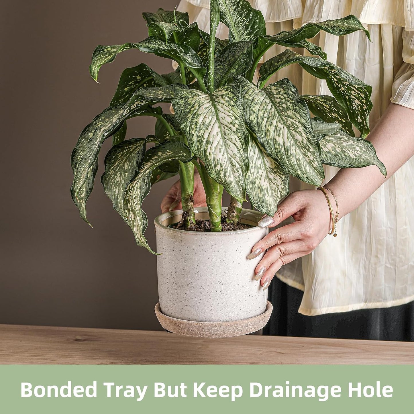 5.8 Inch Plant Pot: Ceramic Planter with Drainage Hole & Saucer for Indoor Outdoor Plants - Flowerpot with Bonded Tray for Home Office - Retro Style, Grey