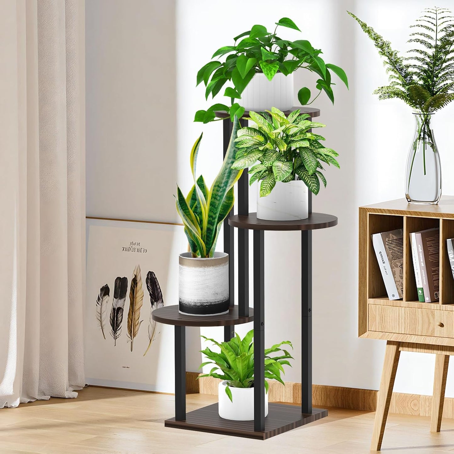 4 Tier Wood Tall Plant Stand Metal Rack Indoor, Multiple Flower Pot Holder Shelves Corner Rack, Round Planter Shelf Display Rack Storage Organizer for Patio Living Room Balcony(Black Oak)