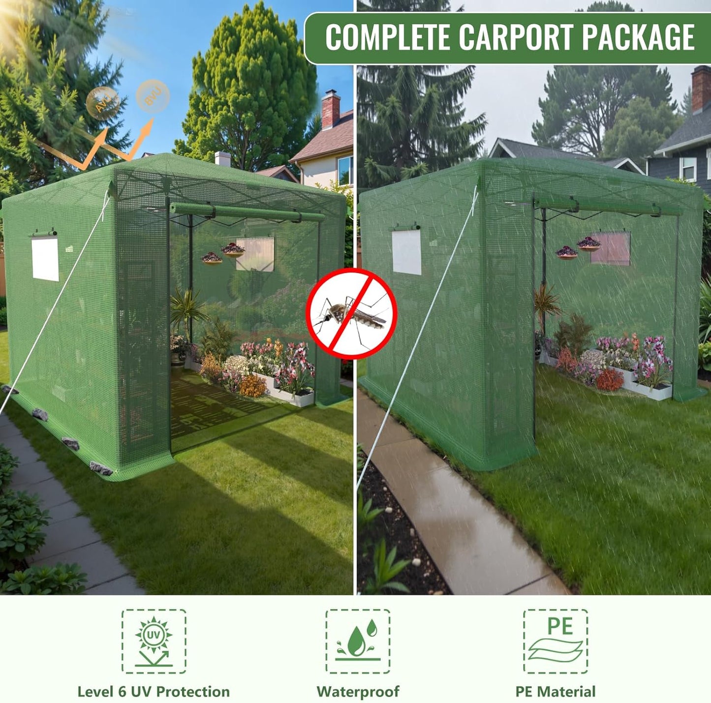 10X10 FT Pop Up Greenhouse,Greenhouse for Outdoors, Portable Walk-in Greenhouses with Roll-Up Zipper Door, PE Cover Greenhouses for Garden and Backyard, Easy Setup