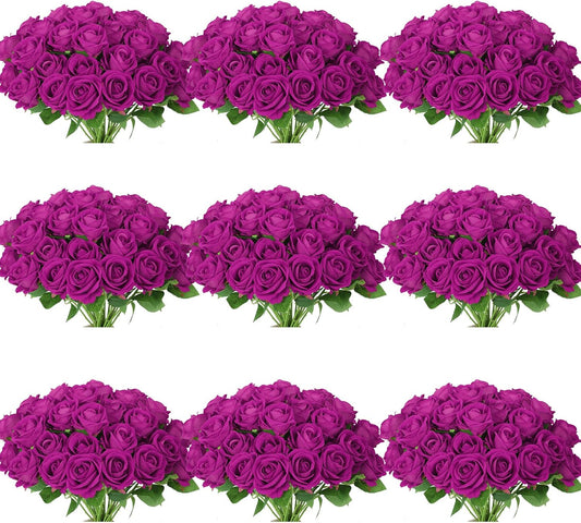 102 PCS Fake Roses Artificial Flowers Bulk, Purple Roses Bridal Bouquet Silk Faux Rose with Stems for Wedding Flowers Decoration, Valentine's Day, Bridal Bouquet,Anniversary,Home Decor (102PCS,Purple)