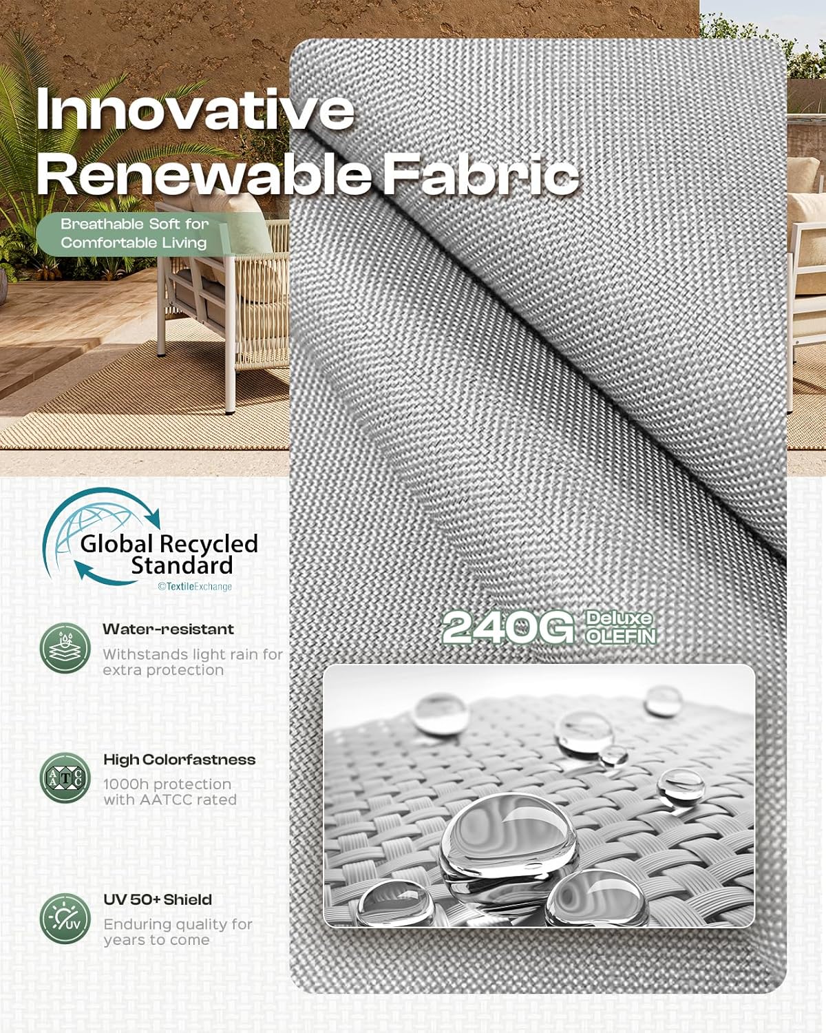 Aluminum Outdoor Patio Furniture Set, HDPE Rope 4 Piece Modern Sectional Conversation Sets with Dual-Layer Coffee Table, All Weather Patio Couch Sofa with Thick Cushions, Gray Frame, Gray