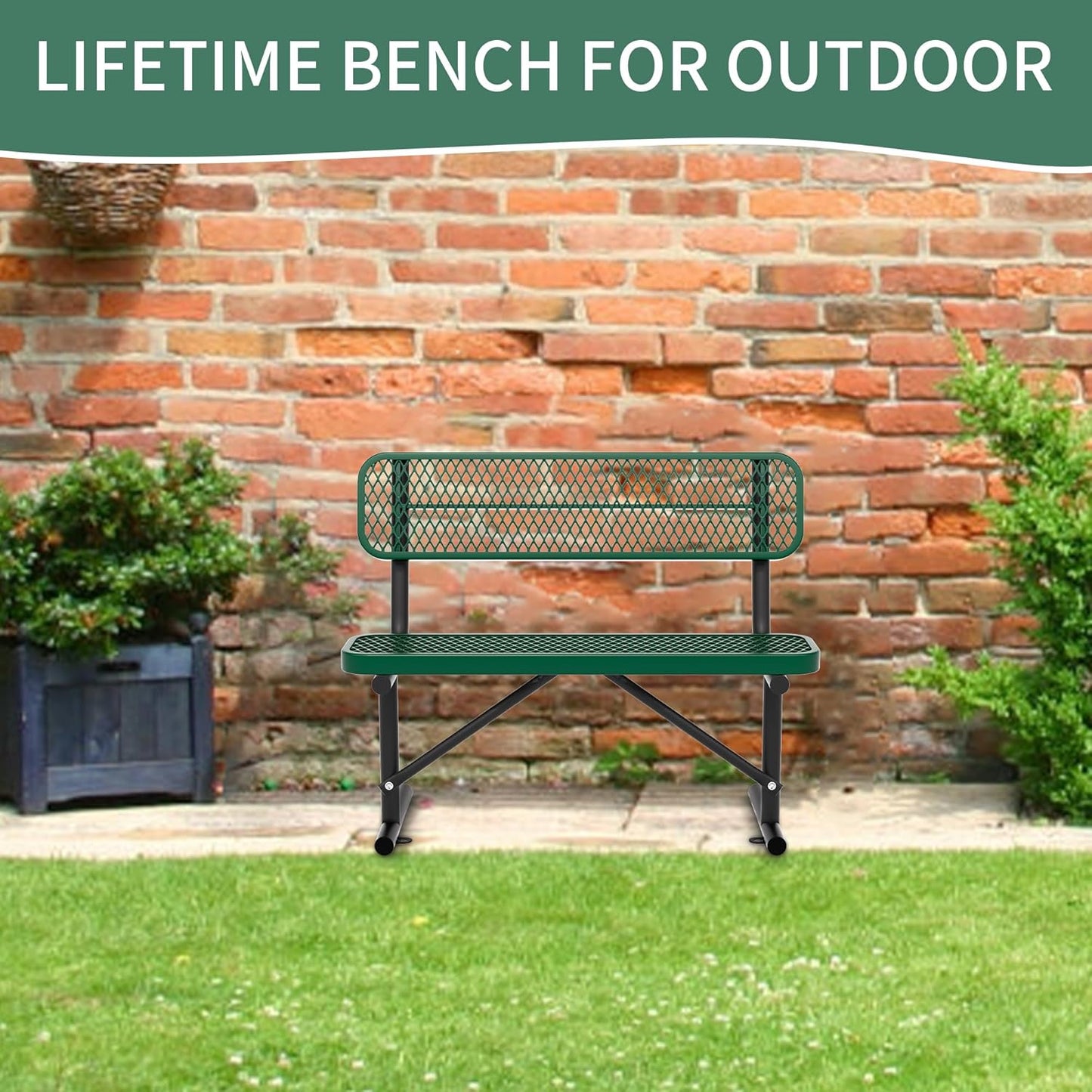 4 Feet Heavy Duty Metal Park Bench for Outside, Outdoor Bench with Backrest & Portable Frame, Commercial Benches for Shopping Malls, Stores, Parks, Patios, Decks, Green