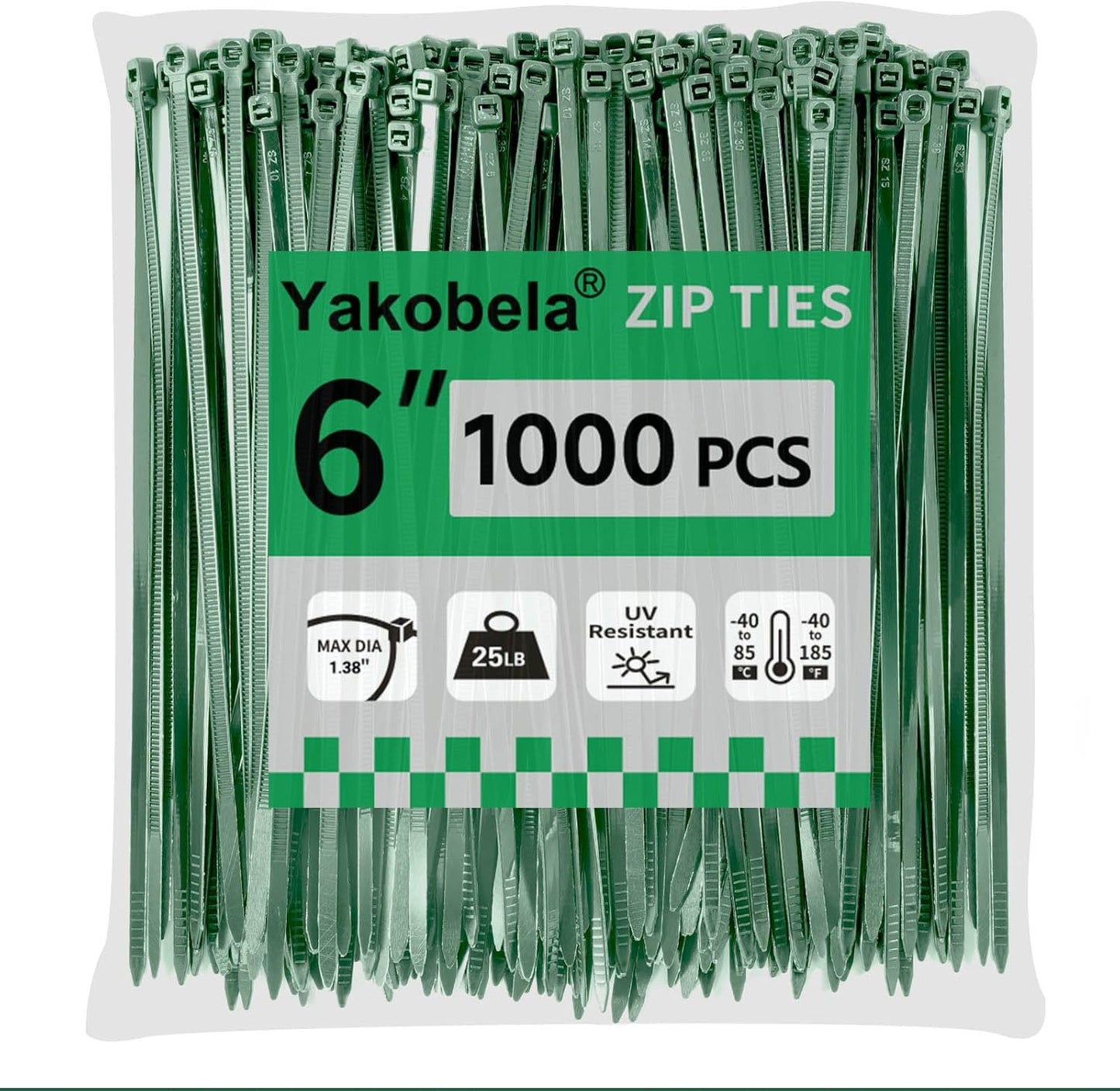 Green Zip Ties 6", 1000 Pack, Cable Ties UV Resistant, Wire Ties 25 lbs Tensile Strength for Garden, Plants, Holiday Lights, Yakobela