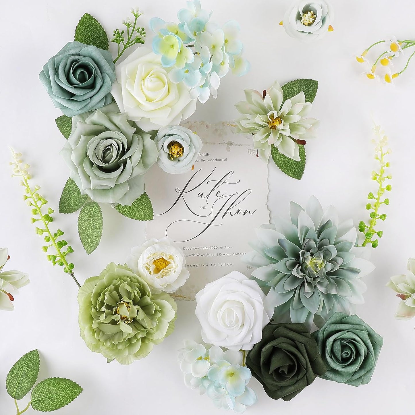 AGIRL Artificial Flowers Combo Silk Mix Green Fake Flower with Stems for DIY Wedding Bouquets Centerpieces Arrangements Table Chair Decor Baby Shower Home Decor (Sage Green)