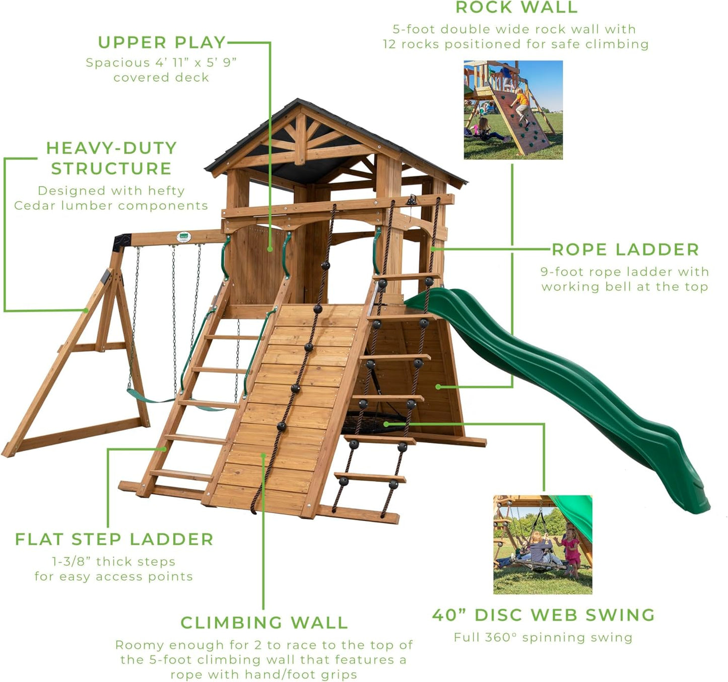 Backyard Discovery Endeavor All Cedar Wood Swing Set Playset for Backyard with Large Clubhouse Wave Slide Rope Ladder Rock Climbing Wall Wave Slide 2 Belt Swings and 1 Web Swing Gift for Ages 3-10