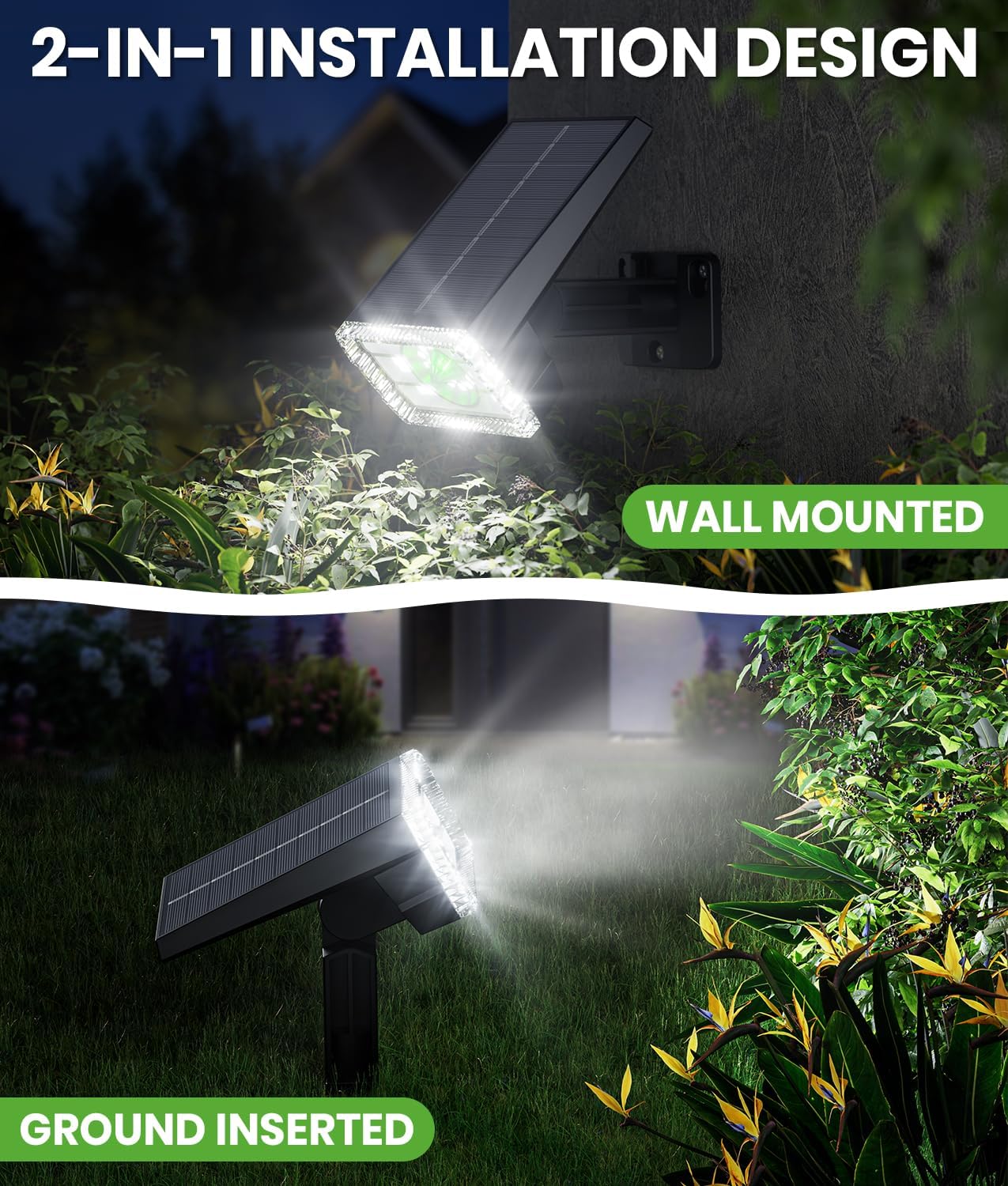 Bright Solar Spot Lights Outdoor 4 Pack, [58 LED/12000K/3 Modes] Solar Lights Outdoor Waterproof IP67, Auto On/Off, 2-in-1 Wall Light Flood Light for Tree Yard Garden Pathway