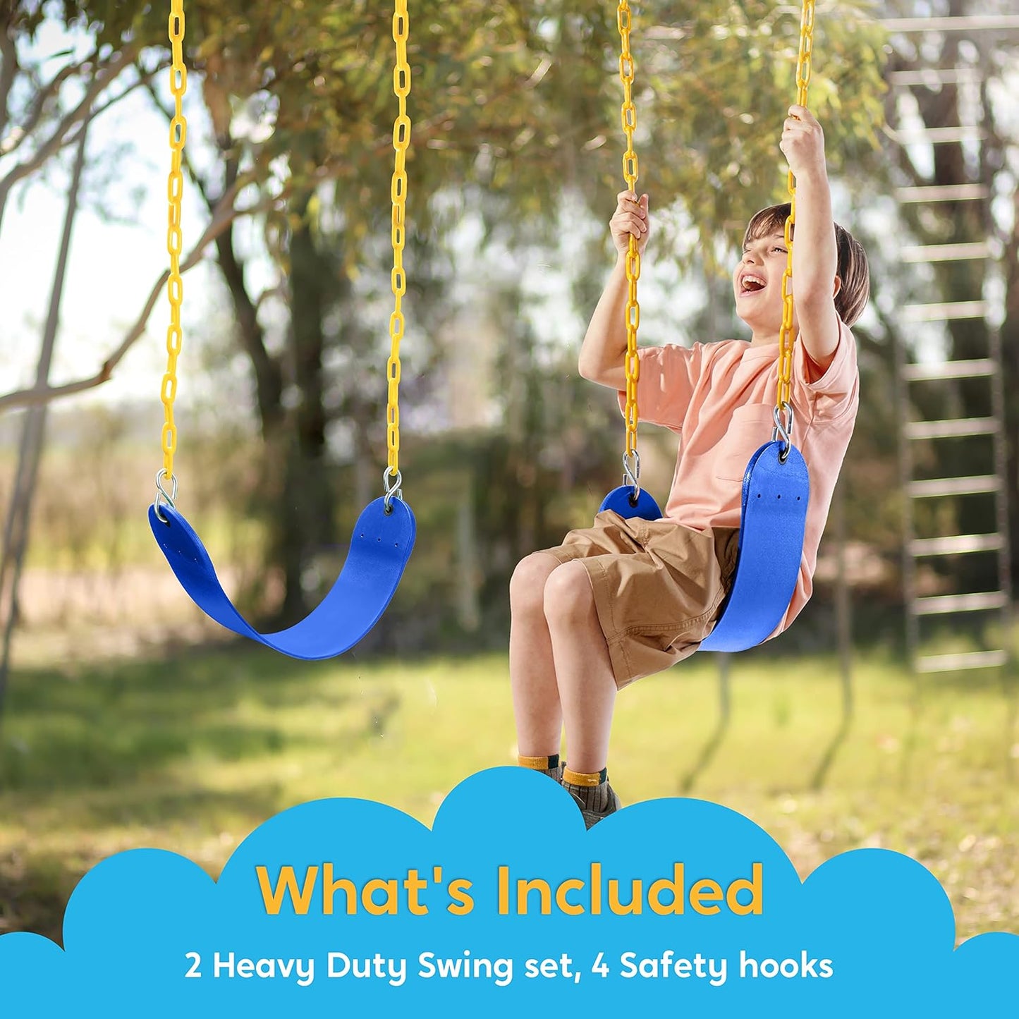 TURFEE 2 Pack Swing for Outdoor Swing Set, Swing Seat Replacement Kit with 66" Heavy Duty Chains, 4 Snap Hook for Kids Outdoor Play Playground, Trees, Playground (Blue)