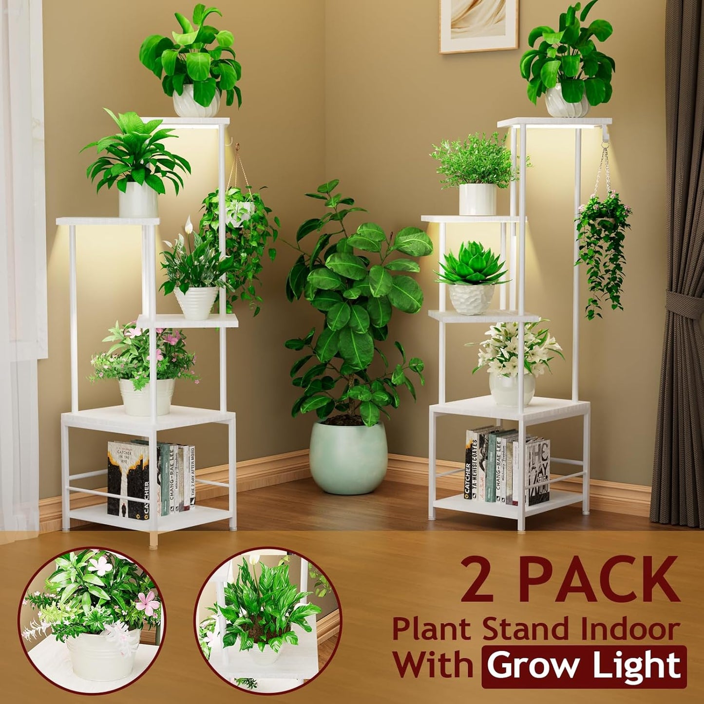 Plant Stand Indoor with Grow Light, 5-Tiered Tall Plant Stand Indoor, Metal Plant Shelf with Hanging Basket Hook and Adjustable Light, Ideal for Living Room, Garden, (2 Patio white)