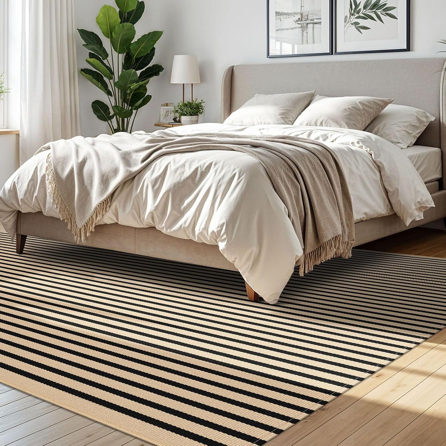 IOHOUZE Striped Area Rug 8'x10' Indoor Outdoor Rug, Washable Area Rug for Living Room, Large Patio Rug, Cotton Striped Rugs for Patio Living Room Bedroom, Tan/Black