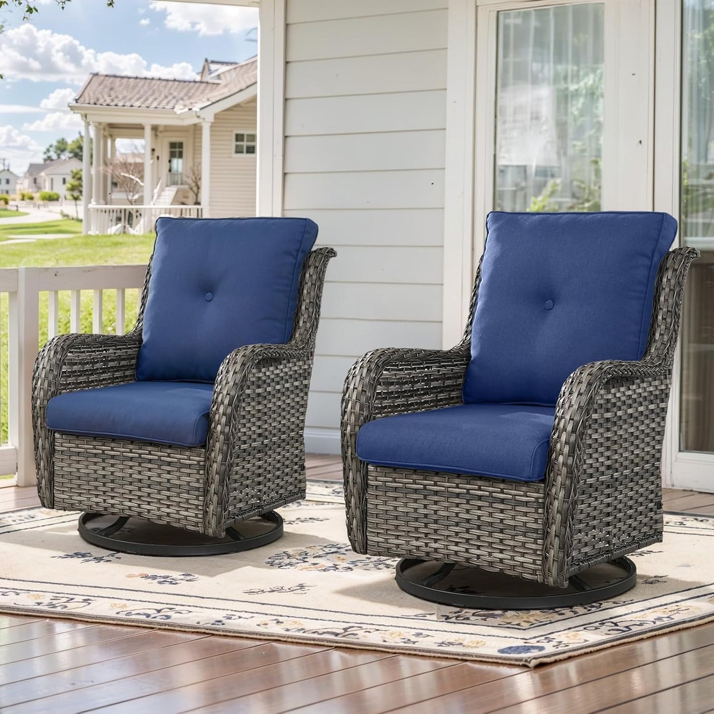 Outdoor Swivel Rcoker Patio Chairs - Outdoor Swivel Patio Chairs Set of 2 Wicker Chair Patio Furniture Sets with Covered Cushion for Porch Deck Balcony Garden, Blue
