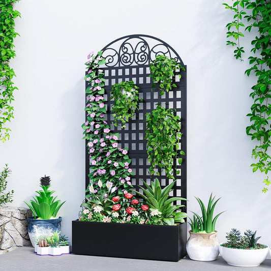 Metal Raised Garden Bed with Trellis, 79"x40"x11.8" Planter Box Outdoor with Privacy Screen Fence for Patio, Freestanding Garden Planter with Drainage Holes for Climbing Plants Flower Vegetable