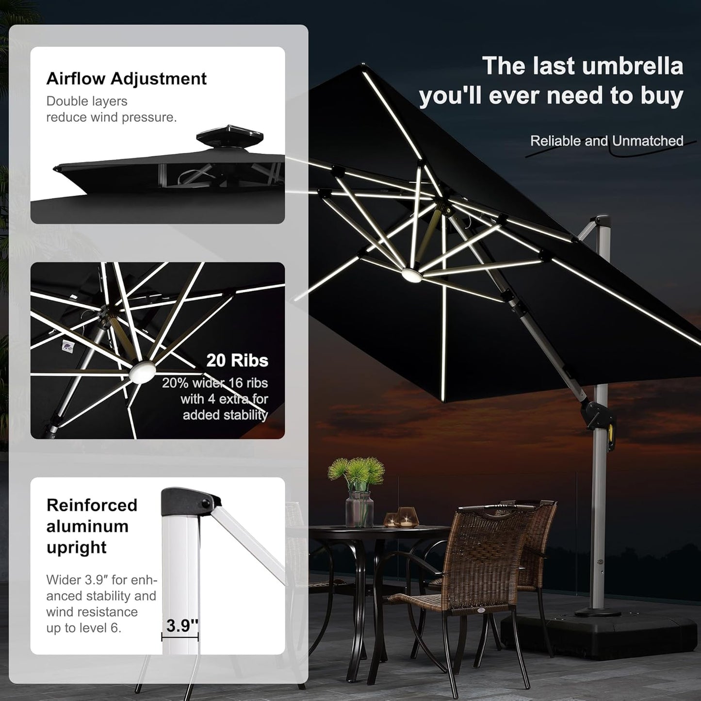 PURPLE LEAF 9' X 12' Double Top Deluxe Solar Powered LED Rectangle Patio Umbrella Offset Hanging Umbrella Outdoor Market Umbrella Garden Umbrella, Black