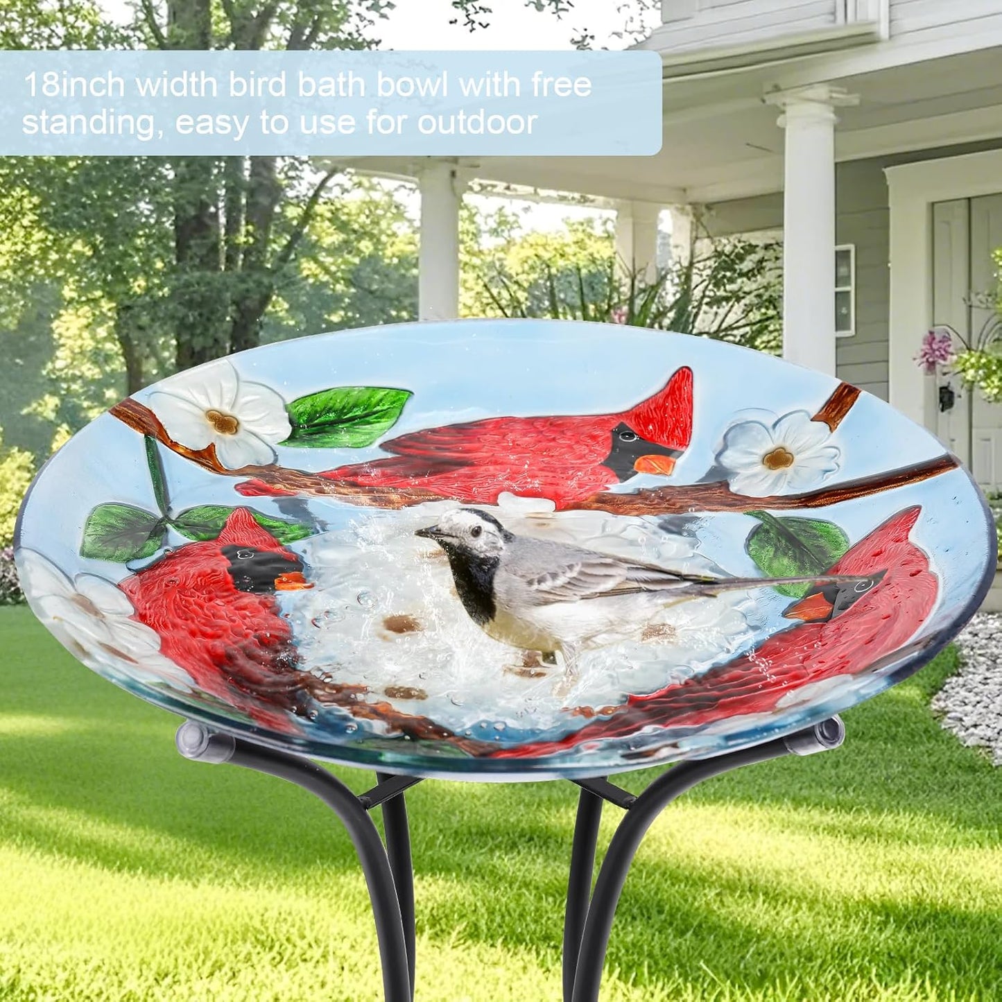 MUMTOP Outdoor Glass Birdbath with Metal Stand for Outside Yard Garden Decor, 18 inch Diameter Red Caridnals Bird Baths Bowl for Outdoors, 21.65 inch Height