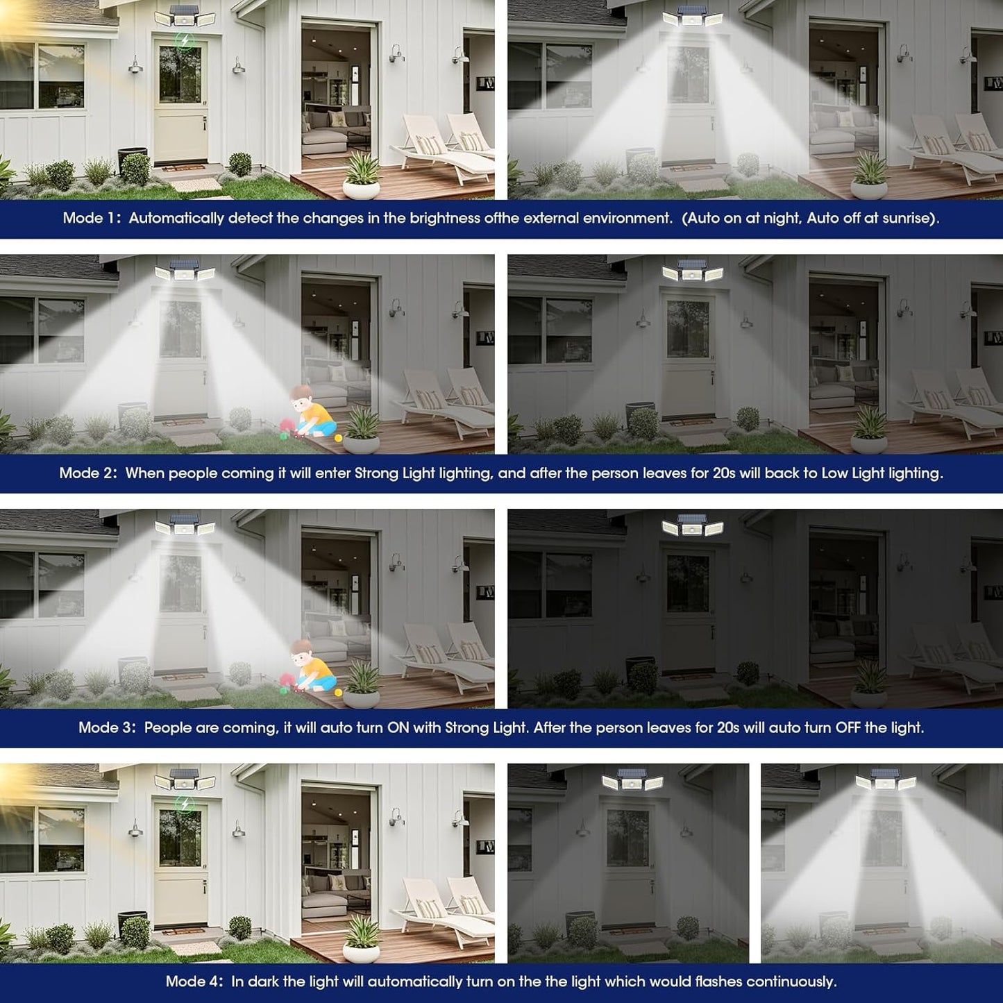 Solar Lights Outdoor Waterproof, Motion Sensor & Flood Outdoor Lights with Remote Control, 4 Adjustable Modes, 3000LM & 218 LED, High-Energy-Density Solar Panel-Monocrystalline Technology, 4 Pack