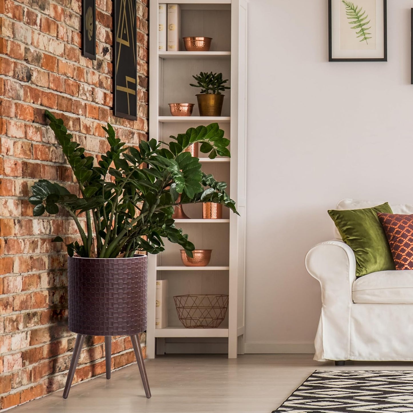 D'vine Dev 14 Inch Modern Geometric Tile Patterned Sleek Planter Pot with Stand, Indoor Outdoor Decorative Plant Holder, Espresso, 88-Z-D-6