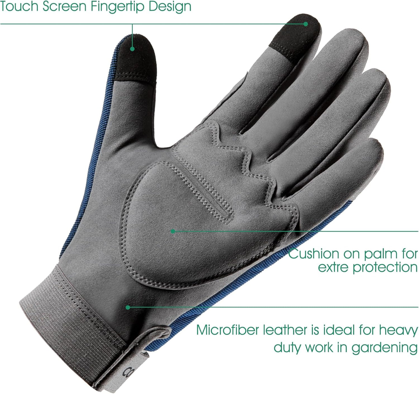 COOLJOB Thorn Proof Garden Gloves with Touchscreen Fingers for Men, Rose Pruning Work Gloves with Palm Cushion for Gardener, Farmer and Landscaper (Navy 1 Pair XL)
