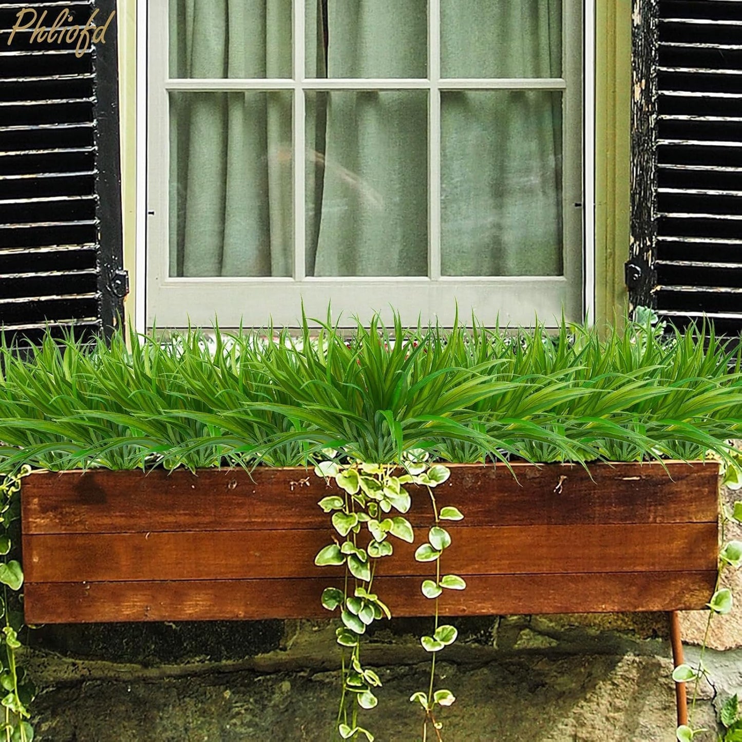 32 Pcs Artificial Grass Fake Plants 17.3in Outdoor Plants UV Resistant Faux Greenery Stems Fake Grass for Home Window Garden Office Patio Pathway Front Porch Halloween Décor Green