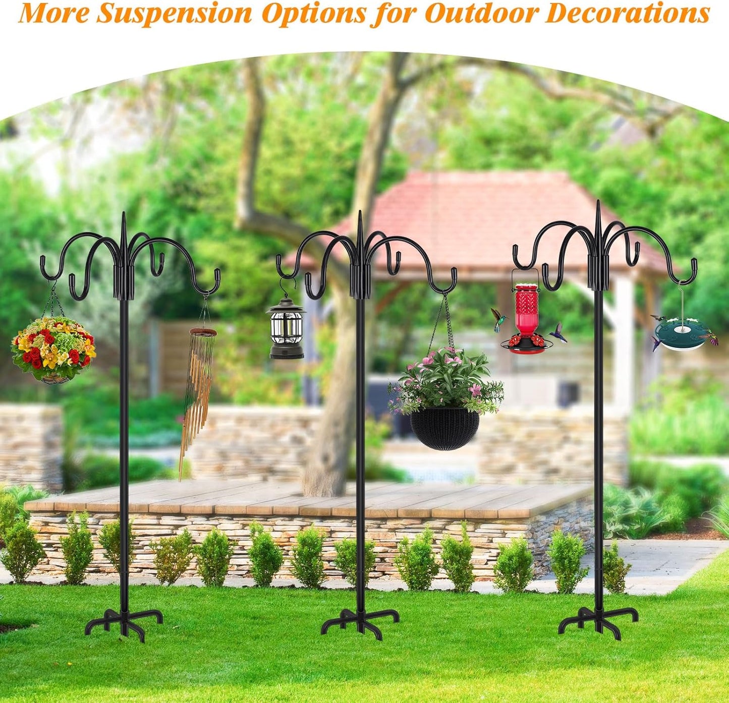 FEED GARDEN [Upgrade Version 92 Inch Four Shepherd Hooks for Outdoor,Bird Feeder Pole with 5 Prong Base, Adjustable Shepard Hooks for Hanging Plant, Solar Lanterns, Wind Chimes, 2 Pack