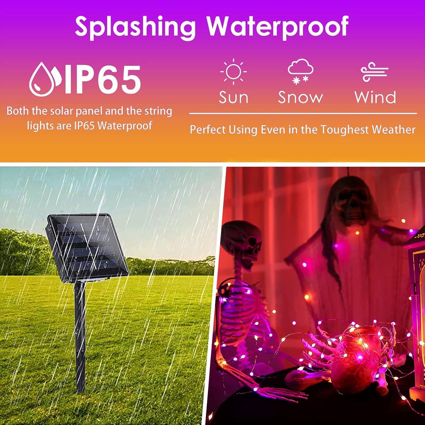 Purple and Orange Halloween Solar String Lights Outdoor, 2 Pack 80FT 200LED Solar Twinkle Lights Outside Waterproof, Copper Wire 8 Modes Lights for Halloween Decoration Outdoor