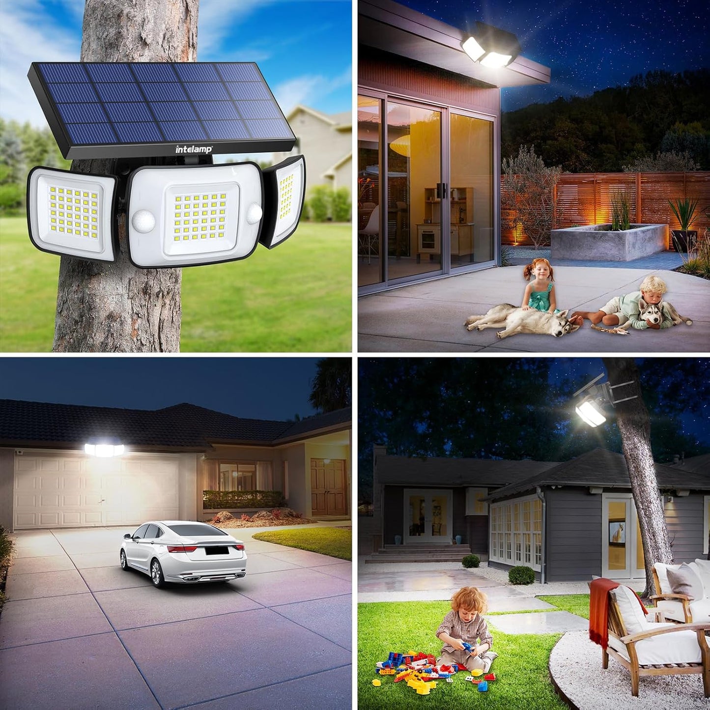 intelamp Solar Flood Lights Outdoor Waterproof, 6000mAh 1200LM Solar Powered Dual Motion Sensor LED Lighting Dusk to Dawn Security Floodlight Exterior with Remote for Outside Garden House Yard Porch