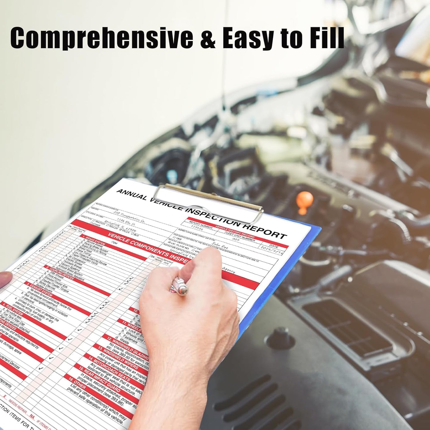 Goldenfox DOT Inspection Forms and Stickers,10-Pack,3-Ply Carbonless Annual Vehicle Inspection Report Form(8.5" x 11.75) with Red Exterior Aluminum Inspection Label(6"x3.5"), Permanent Adhesive.