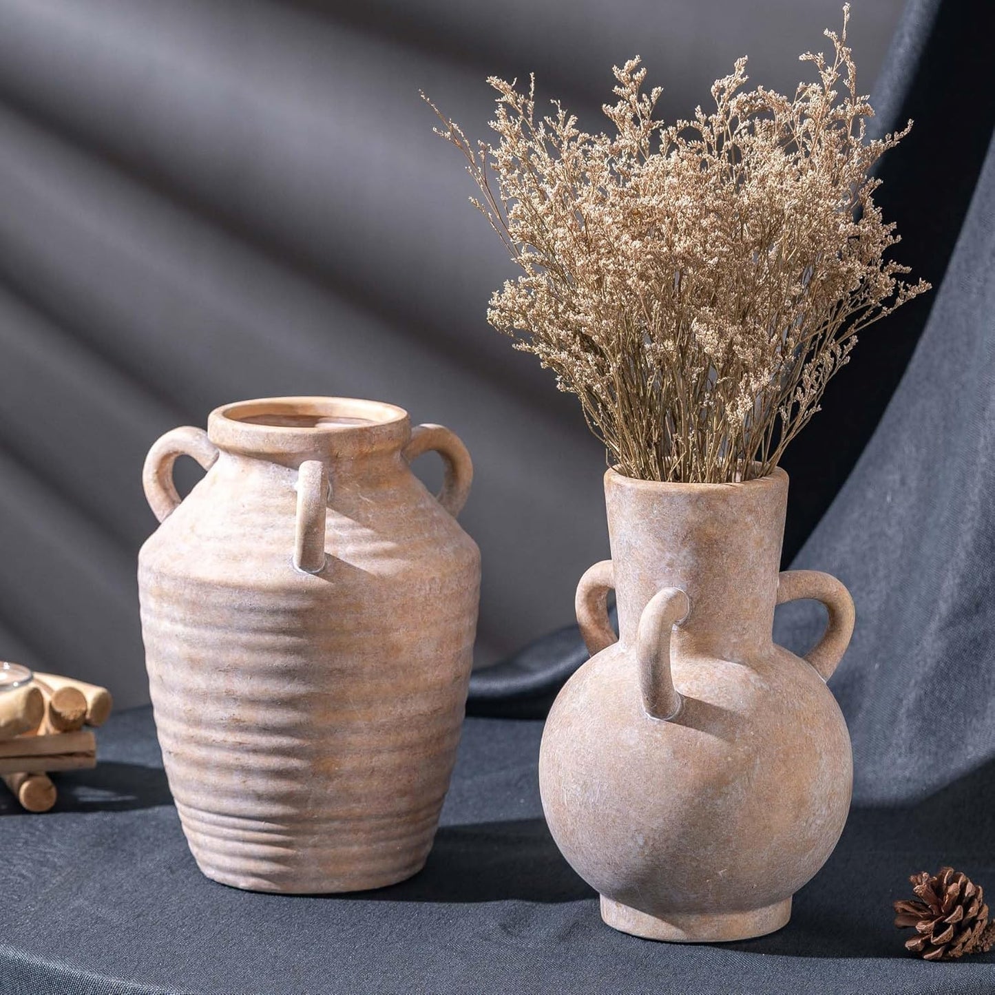 Vintage Terracotta Ceramic Vase with Handles, Rustic Beige Pottery Tulip Vase for Cottage Core Home Mantle Decor, Farmhouse Table Centerpieces, Large Bulk Flower Vases Jarrones Decorativos para Sala