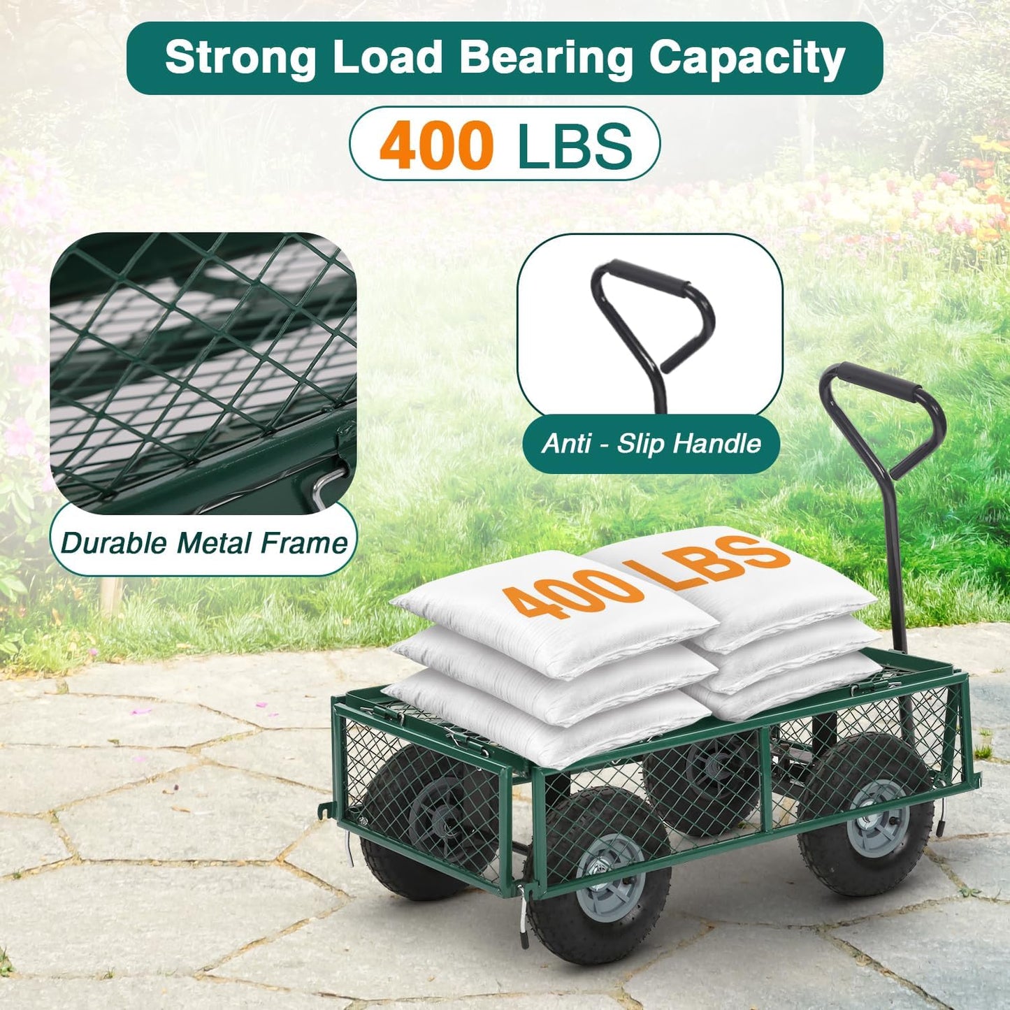 FDW Garden Cart Streel Heavy Duty 500 LBS Capacity，Utility Cart Wagon with Removable Sides and 180°Rotating Handle for Yard, Lawn and Garden Hauler (Green)