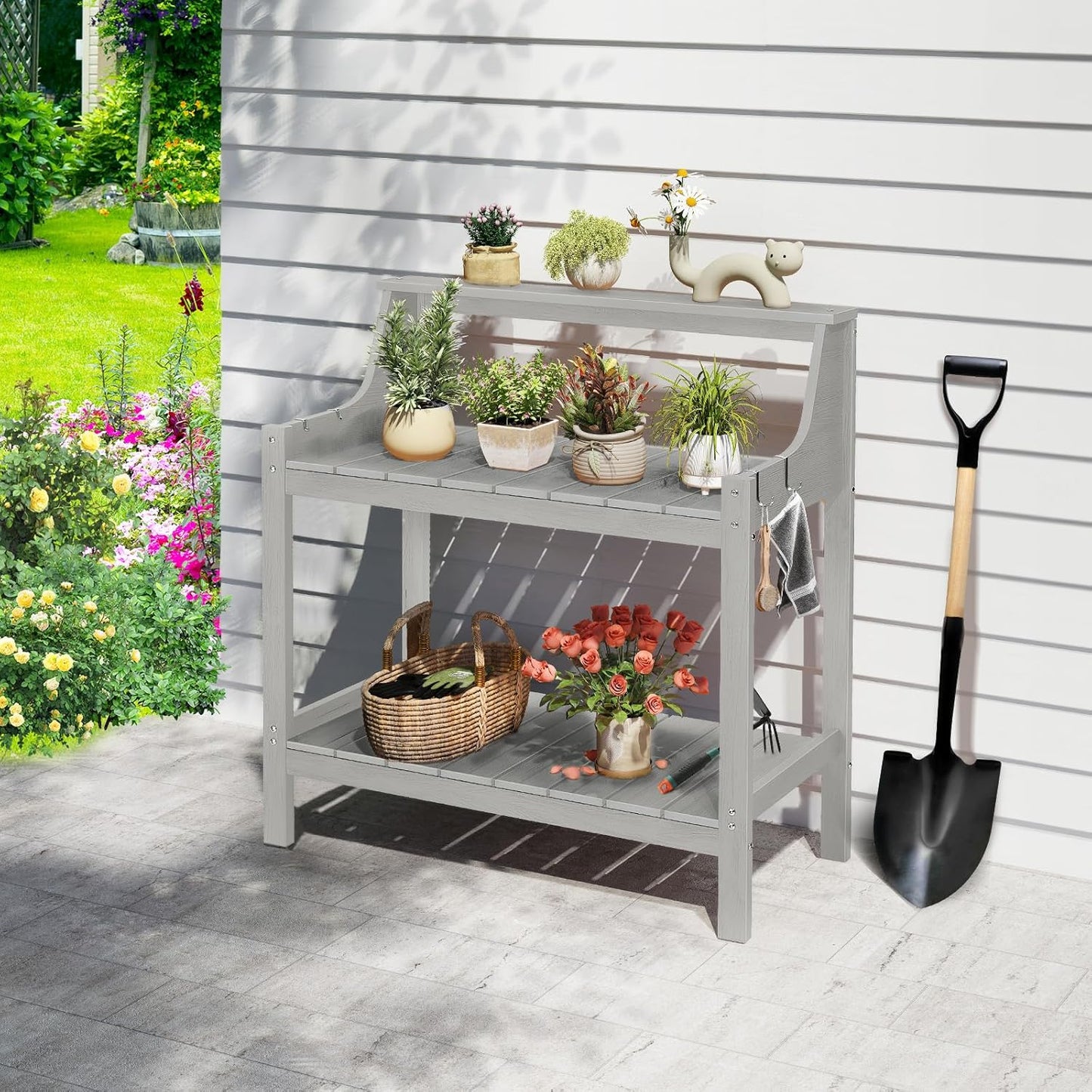 Potting Bench Table, HDPS Potting Bench with 4 Side Hooks, All-Weather Garden Table Work Station, Outdoor Potting Table for Porch, No Rust, No Fade, No Break, 360lbs Capacity (Grey, Large)