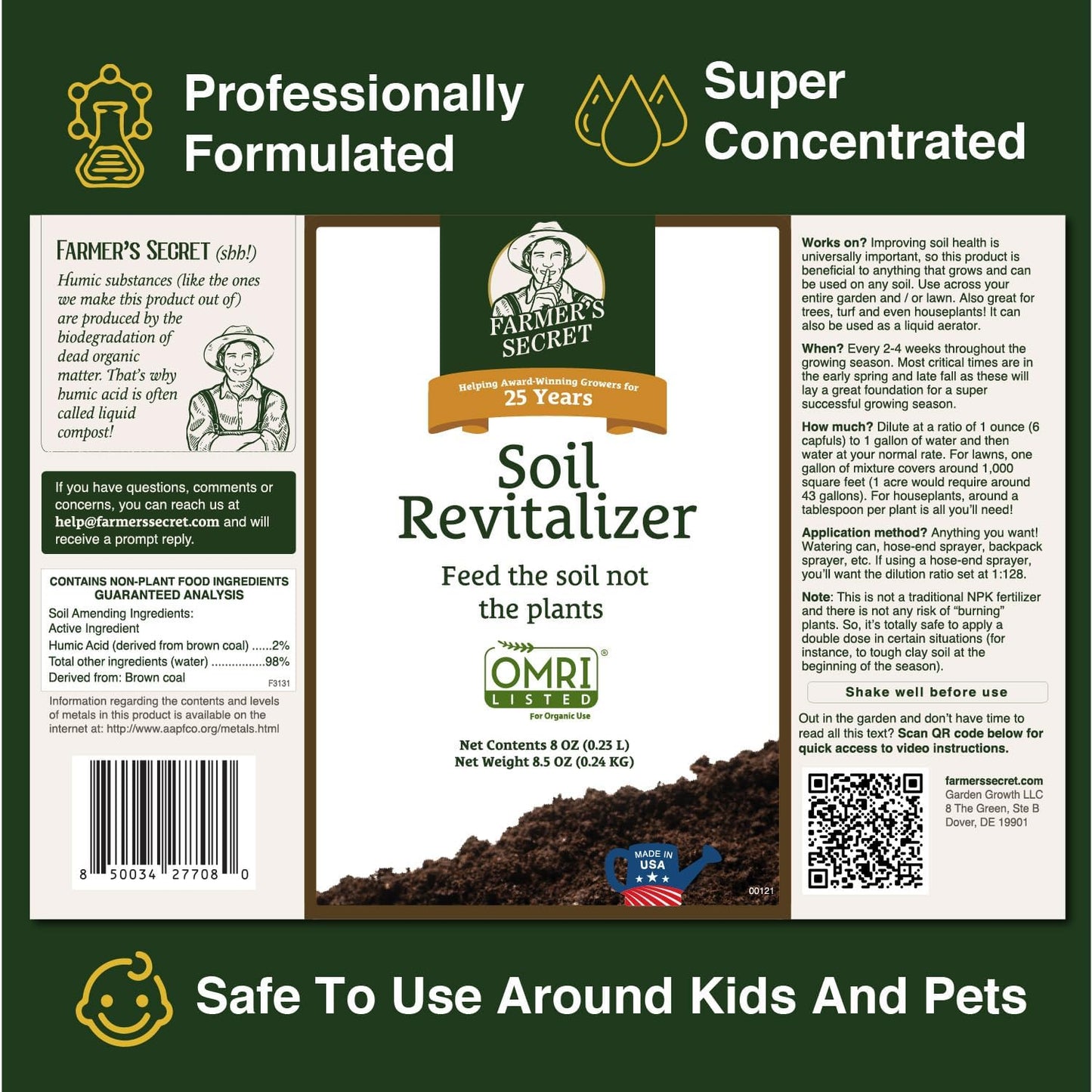 Farmer’s Secret Soil Revitalizer (32oz) - Organic (OMRI Listed) Dirt Health Booster - Liquid Compost Soil Amendment - Activated Humic Acid - Great for Fall Application